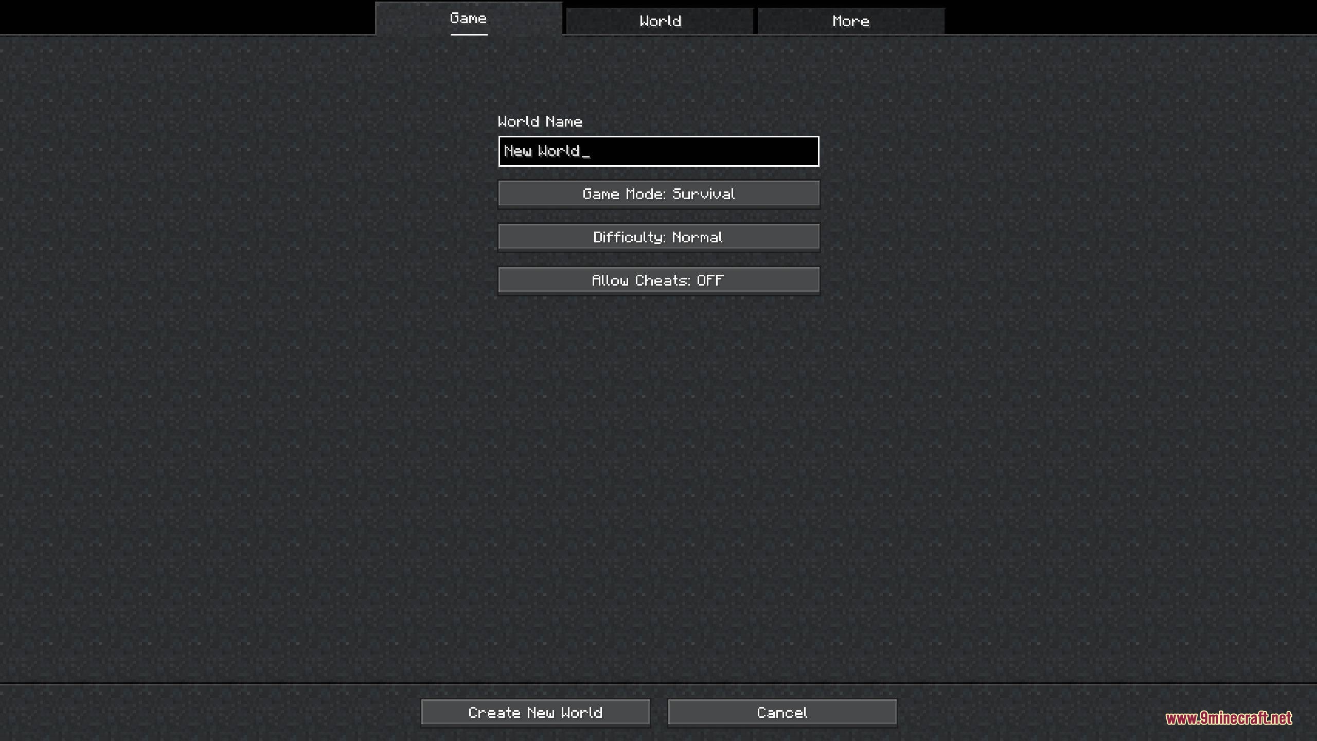 Obsidian Interface Resource Pack Screenshot 5 A dark grey world creation interface with sleek buttons and tiled background