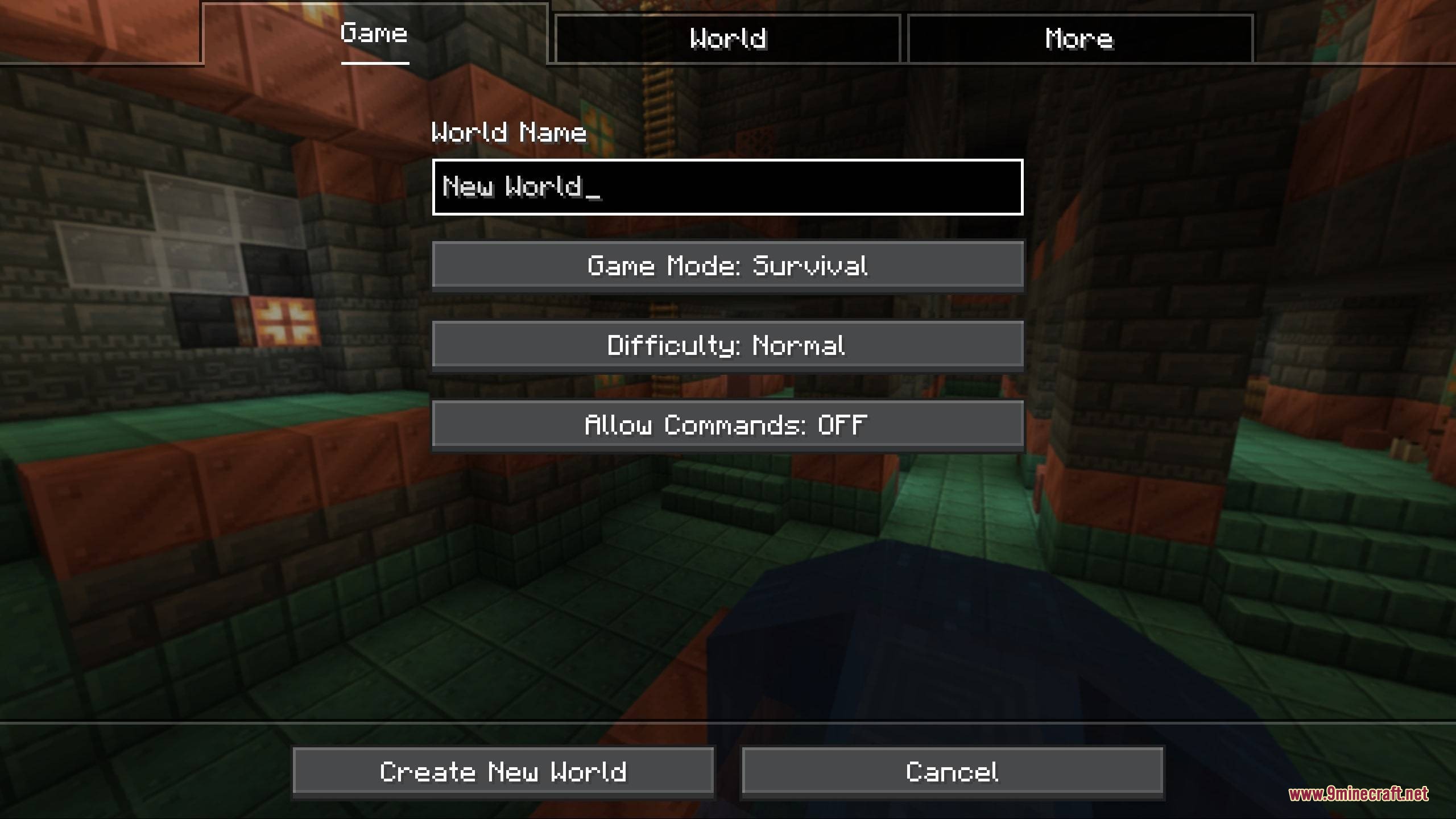 Obsidian Interface Resource Pack Screenshot 6 The world creation menu features a dark theme over a trial chamber