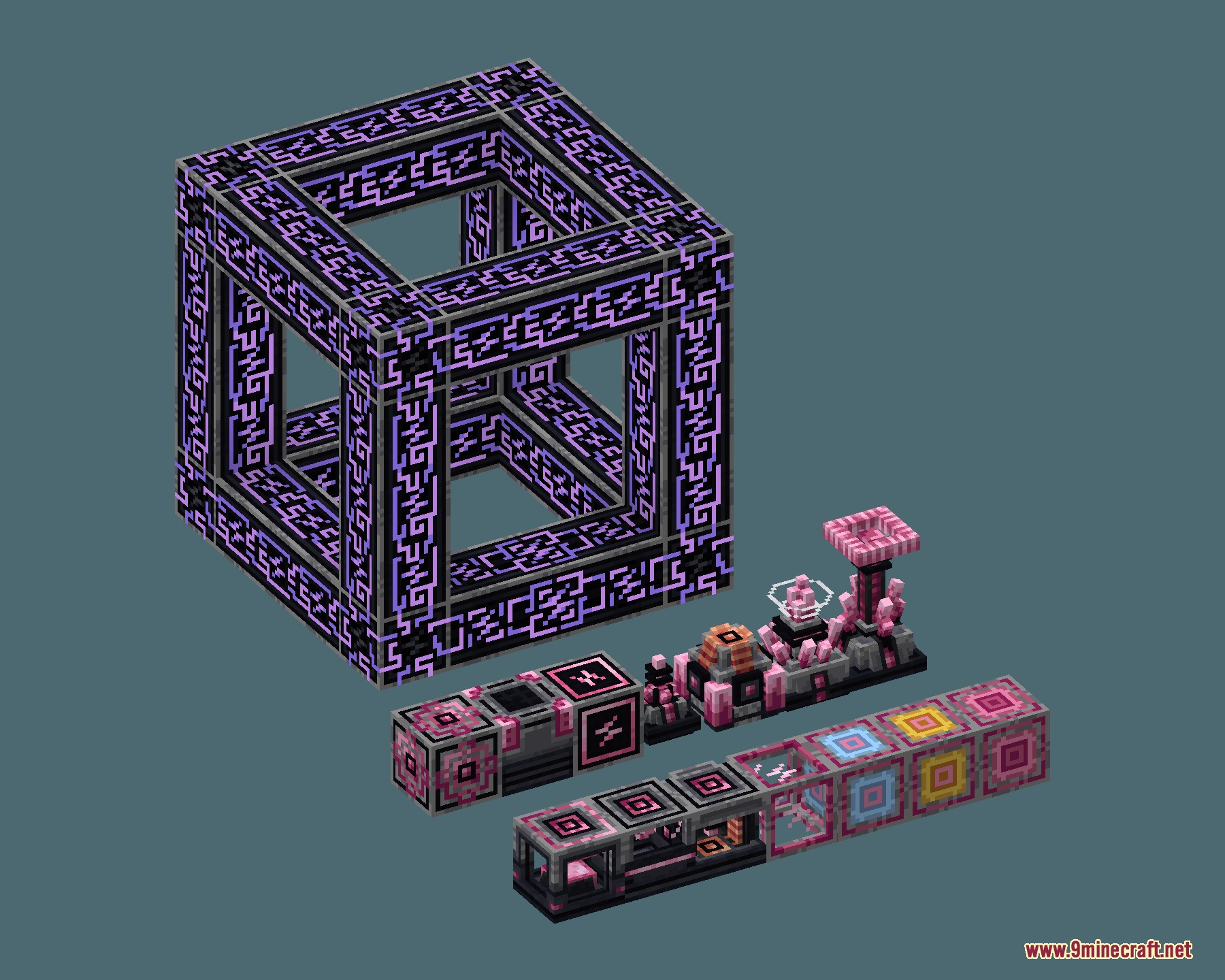 Obsidian Network Interface Resource Pack Screenshot 4 Various futuristic technological blocks and a large hollow cube with pink patterns
