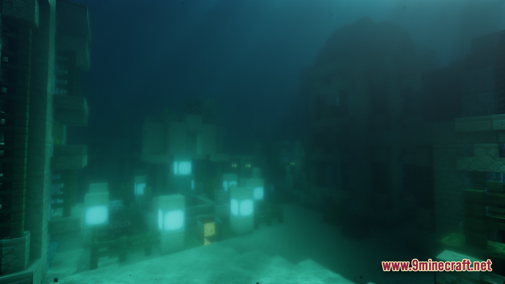 Ocean Depths Quests & Ocean Mods Modpack Screenshot 10 Glowing sea lanterns illuminate a dark underwater structure on the sandy floor of a deep ocean biome
