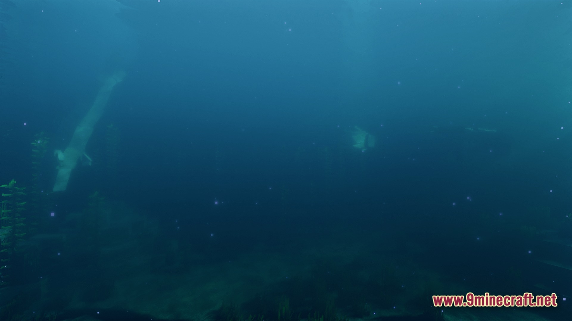 Ocean Depths Quests & Ocean Mods Modpack Screenshot 9 A large aquatic creature swims through a dark, foggy deep ocean biome with underwater vegetation