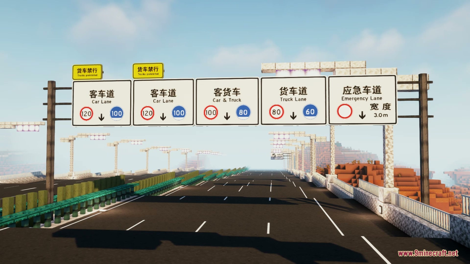 Ocelot Sign Mod Screenshot 4 White overhead signs showing speed limits and lane types on a Minecraft highway