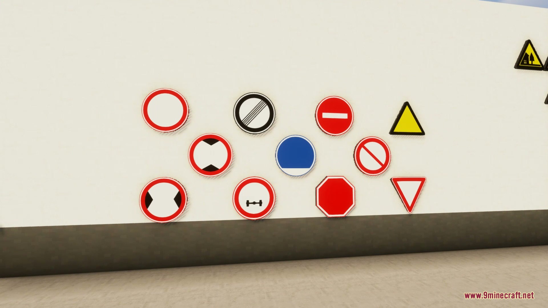 Ocelot Sign Mod Screenshot 6 Different circular and octagonal traffic signs displayed on a white wall