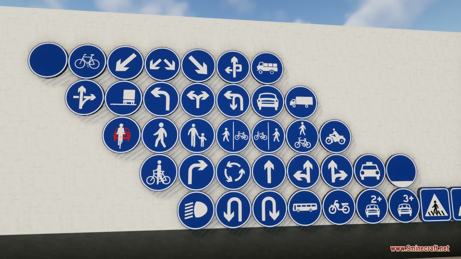 Ocelot Sign Mod Screenshot 7 A collection of blue circular traffic signs displayed on a white wall
