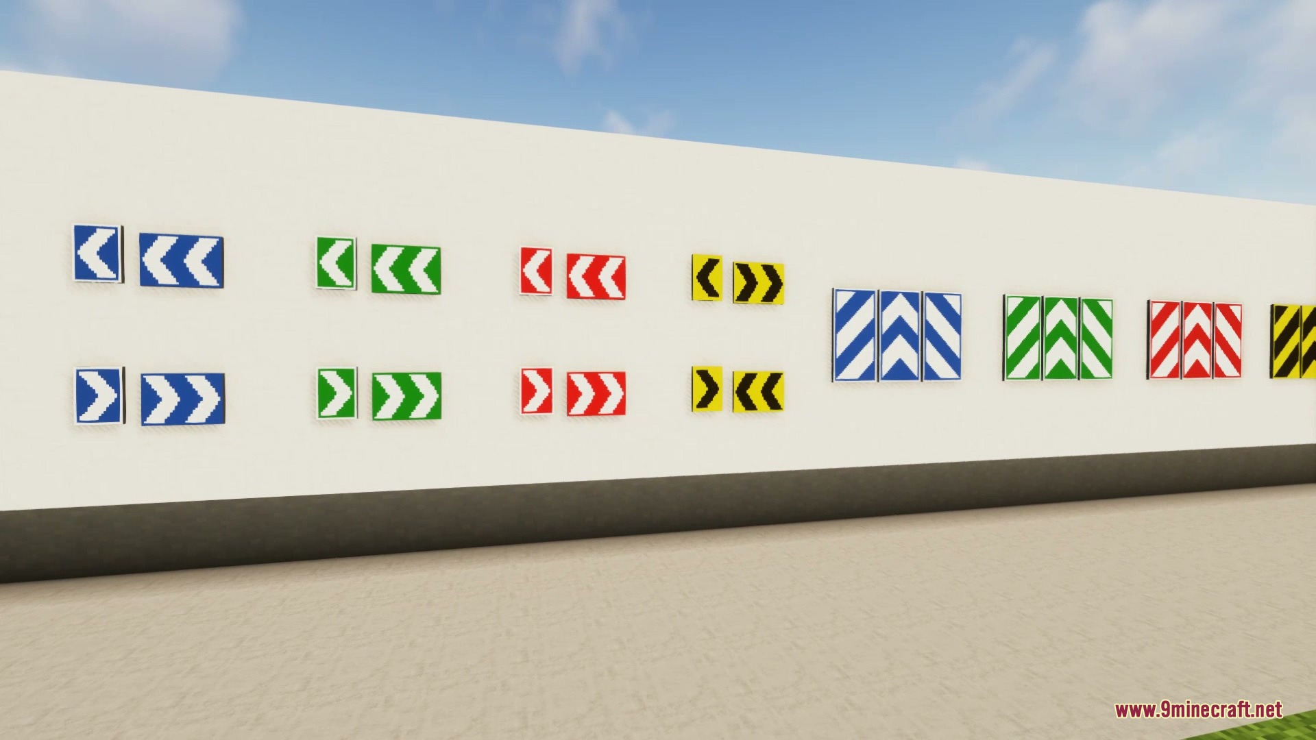 Ocelot Sign Mod Screenshot 8 Various colored chevron warning signs for road curves on a white background