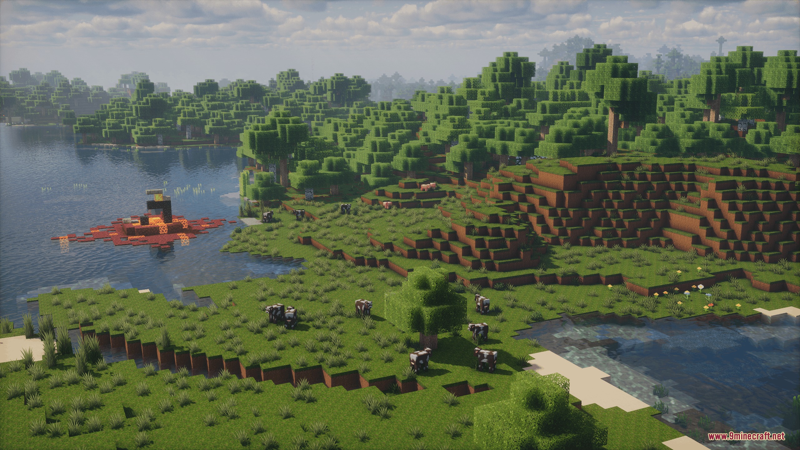 Peaceful Minecraft landscape with cows grazing near a lake and ruined portal
