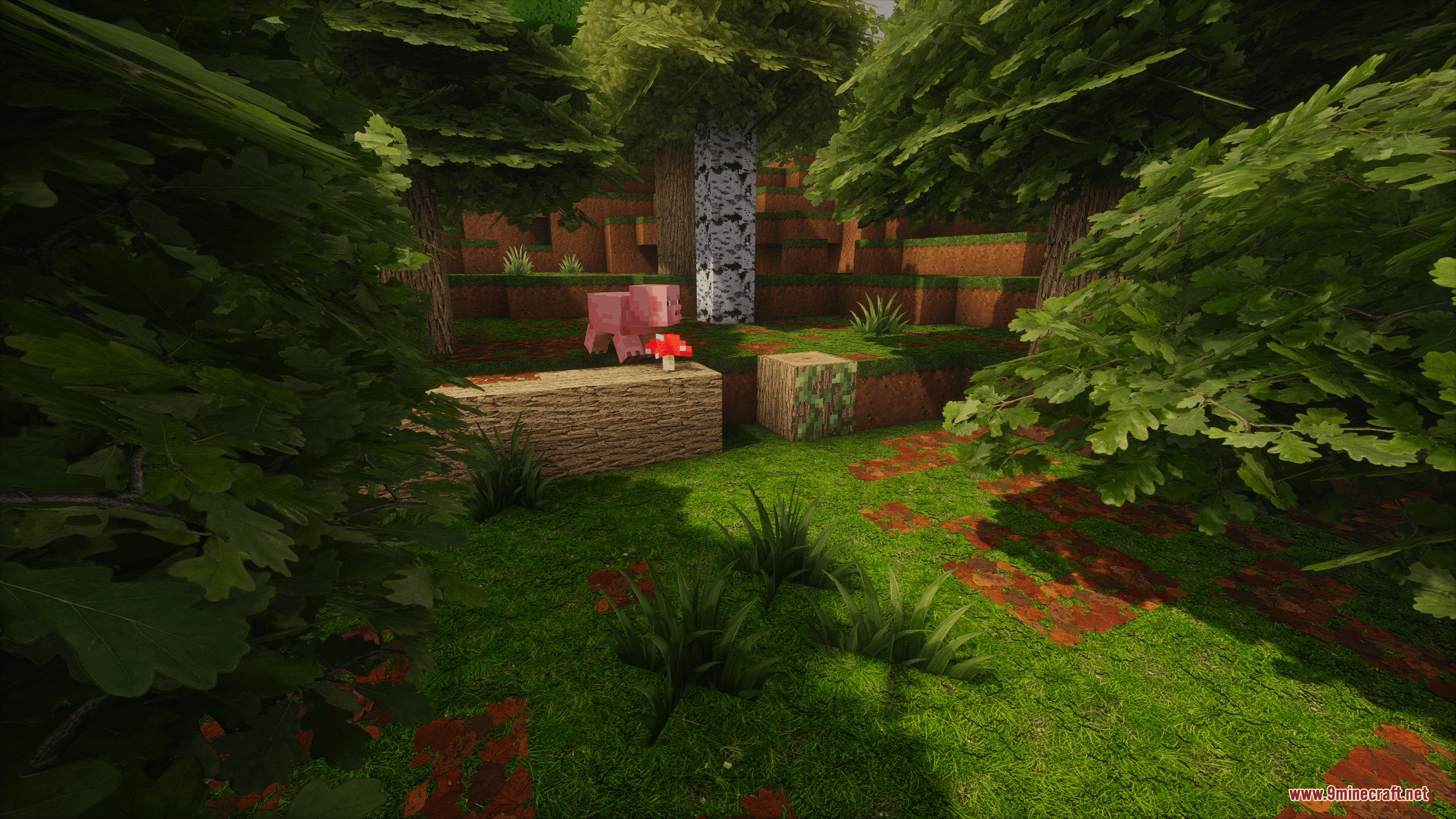 A pink pig stands near a red mushroom in a dense green forest