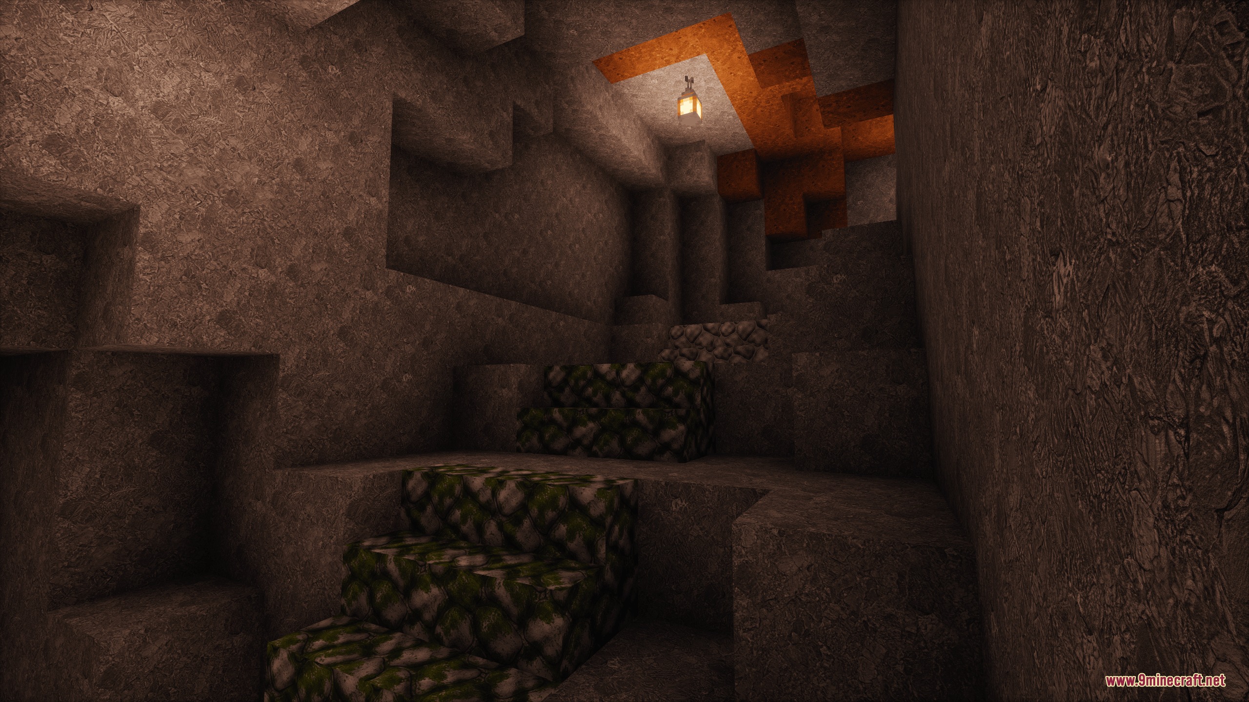 Realistic stone textures and mossy cobblestone stairs inside a dark cave with lantern