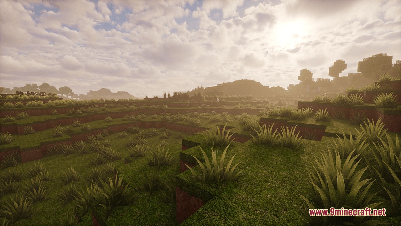 Odar is by Im_Teodor Resource Pack Screenshot 1 Realistic grass textures and rolling hills under a bright cloudy Minecraft sky