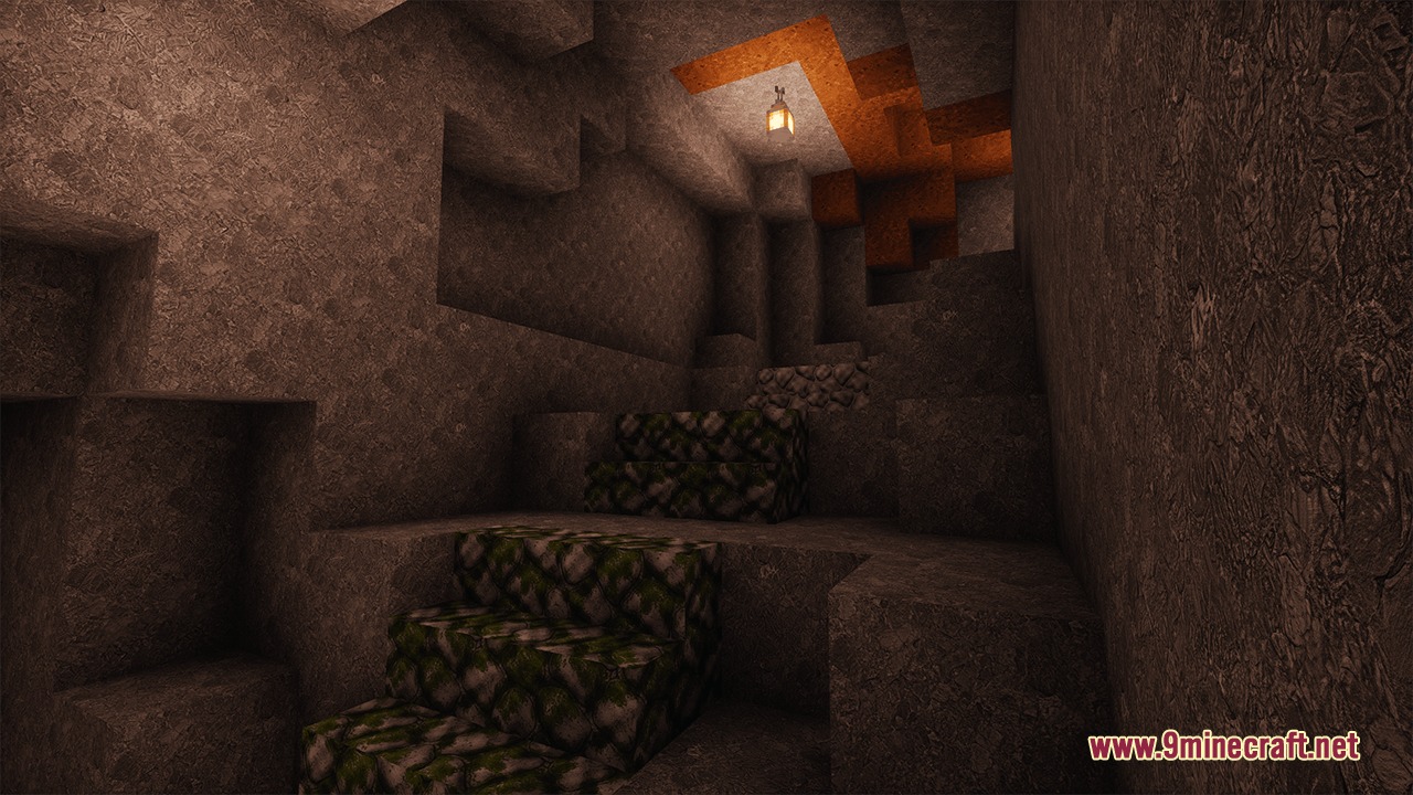 Odar is by Im_Teodor Resource Pack Screenshot 2 A dark stone cave with mossy stairs and a single hanging lantern