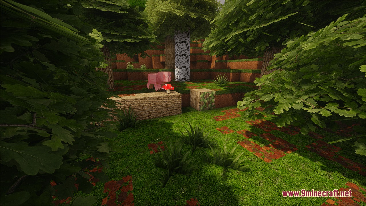 Odar is by Im_Teodor Resource Pack Screenshot 4 A pink pig stands near a red mushroom on a fallen wooden log