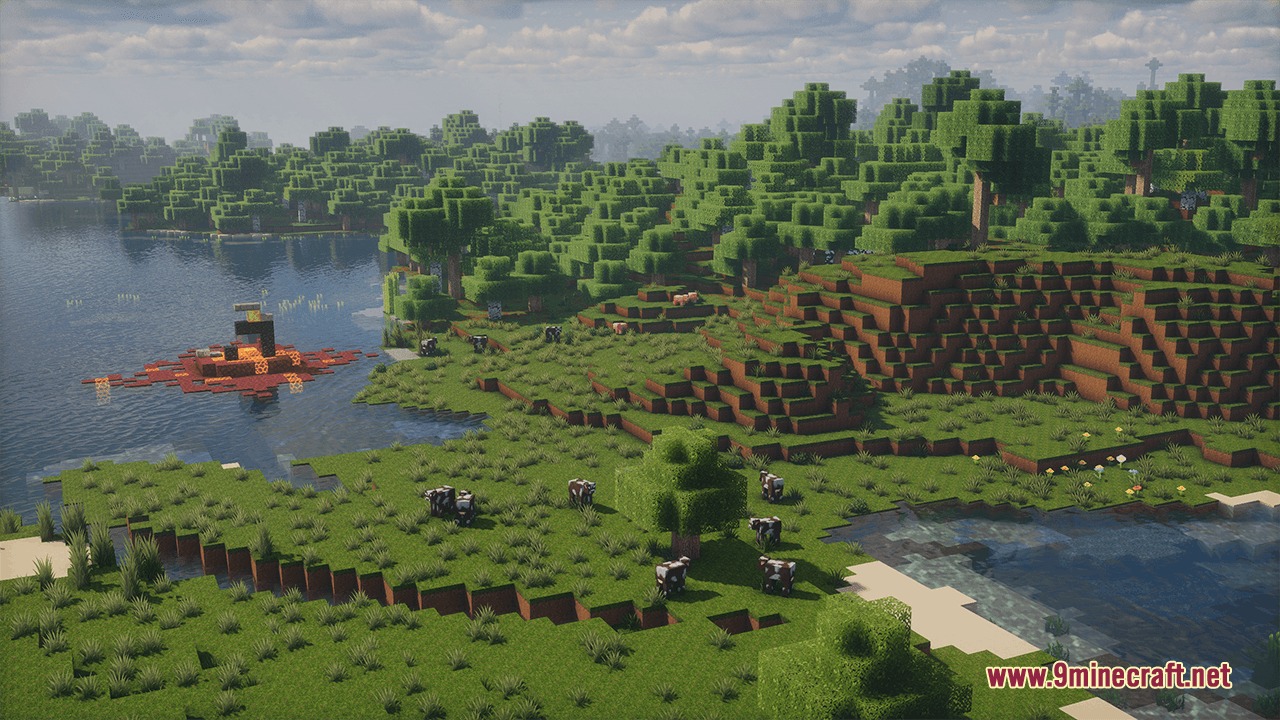 Odar is by Im_Teodor Resource Pack Screenshot 6 Cows grazing in a lush landscape with a ruined portal and water