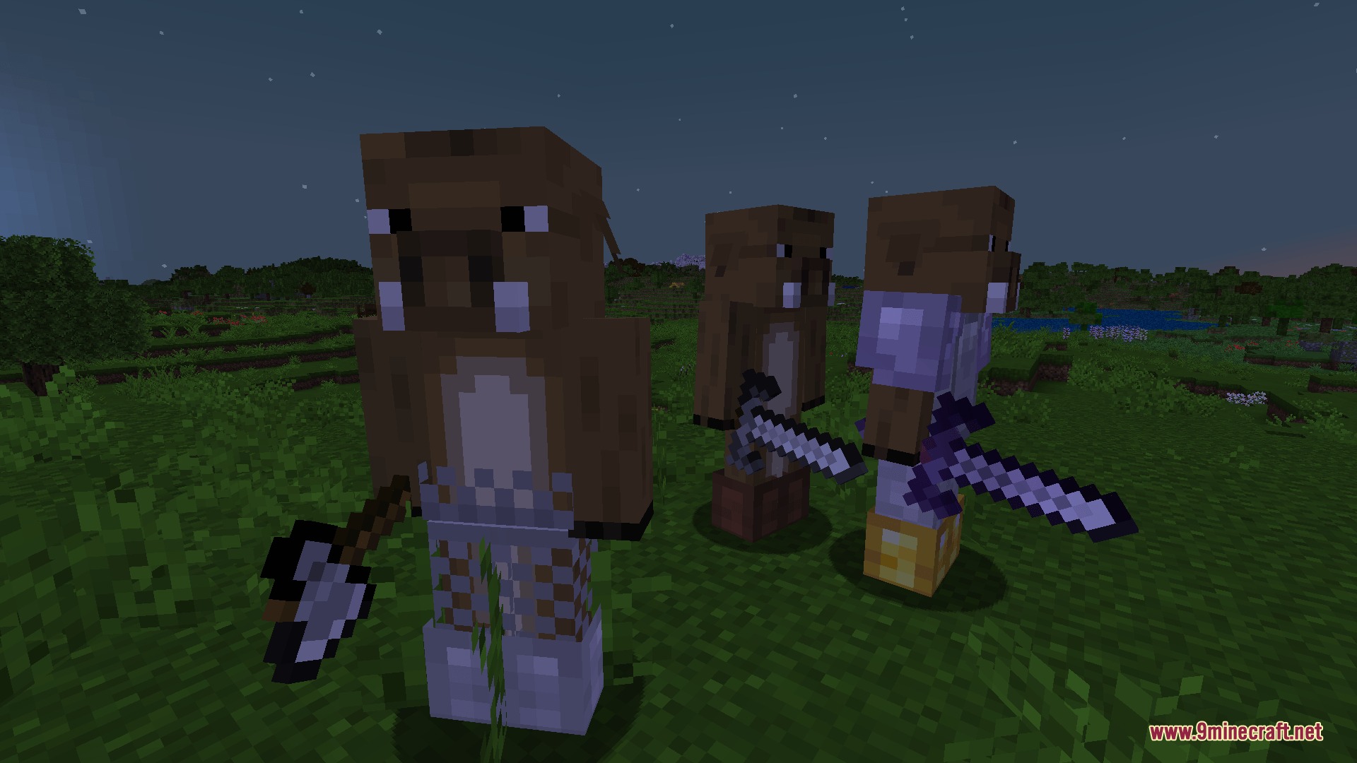 Oddities and Ends Mod Screenshot 1 Three Boarlin mobs equipped with armor and weapons in a grassy field