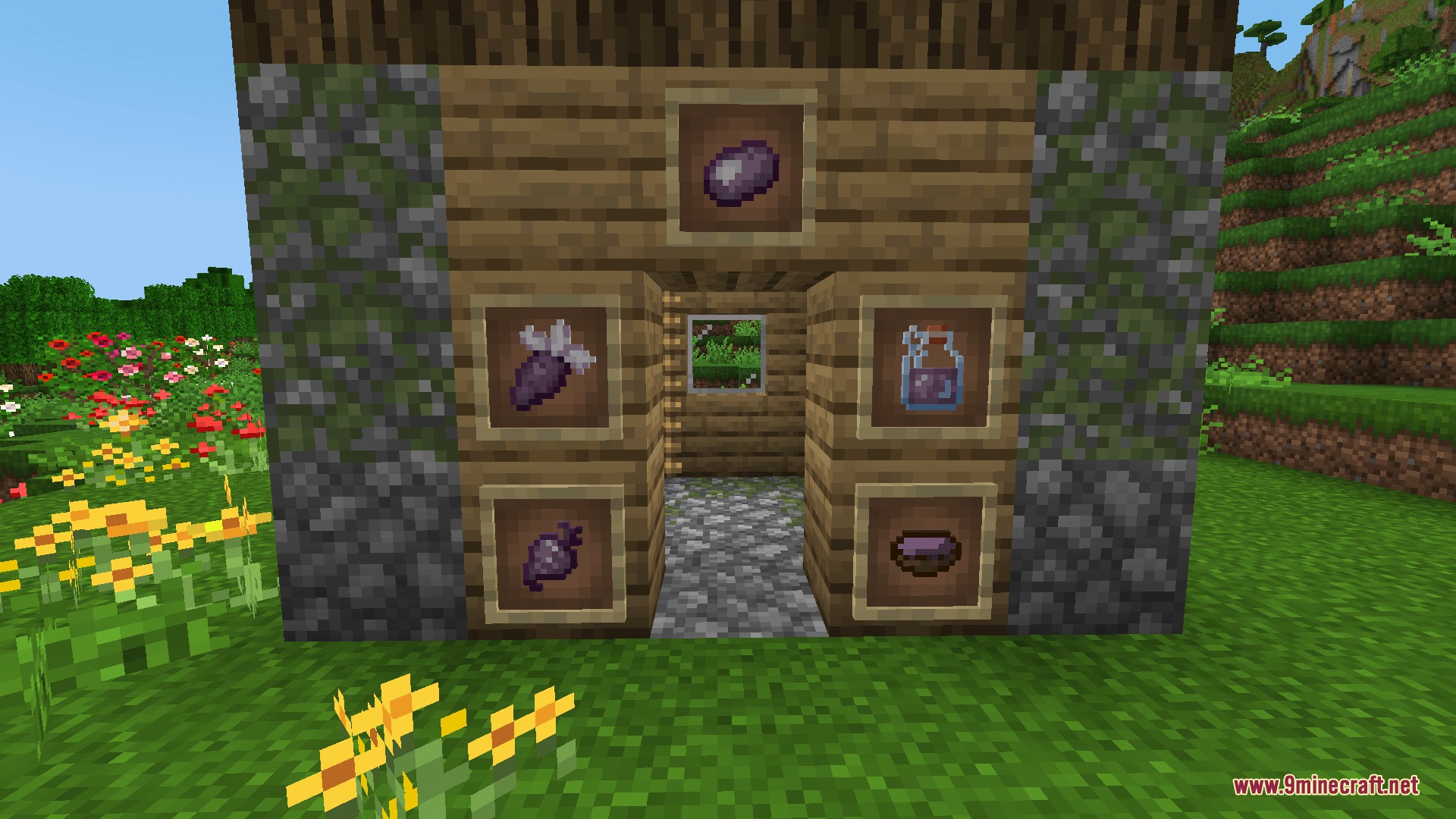 Oddities and Ends Mod Screenshot 2 Various Chorus Veggies and a potion displayed in item frames on wood