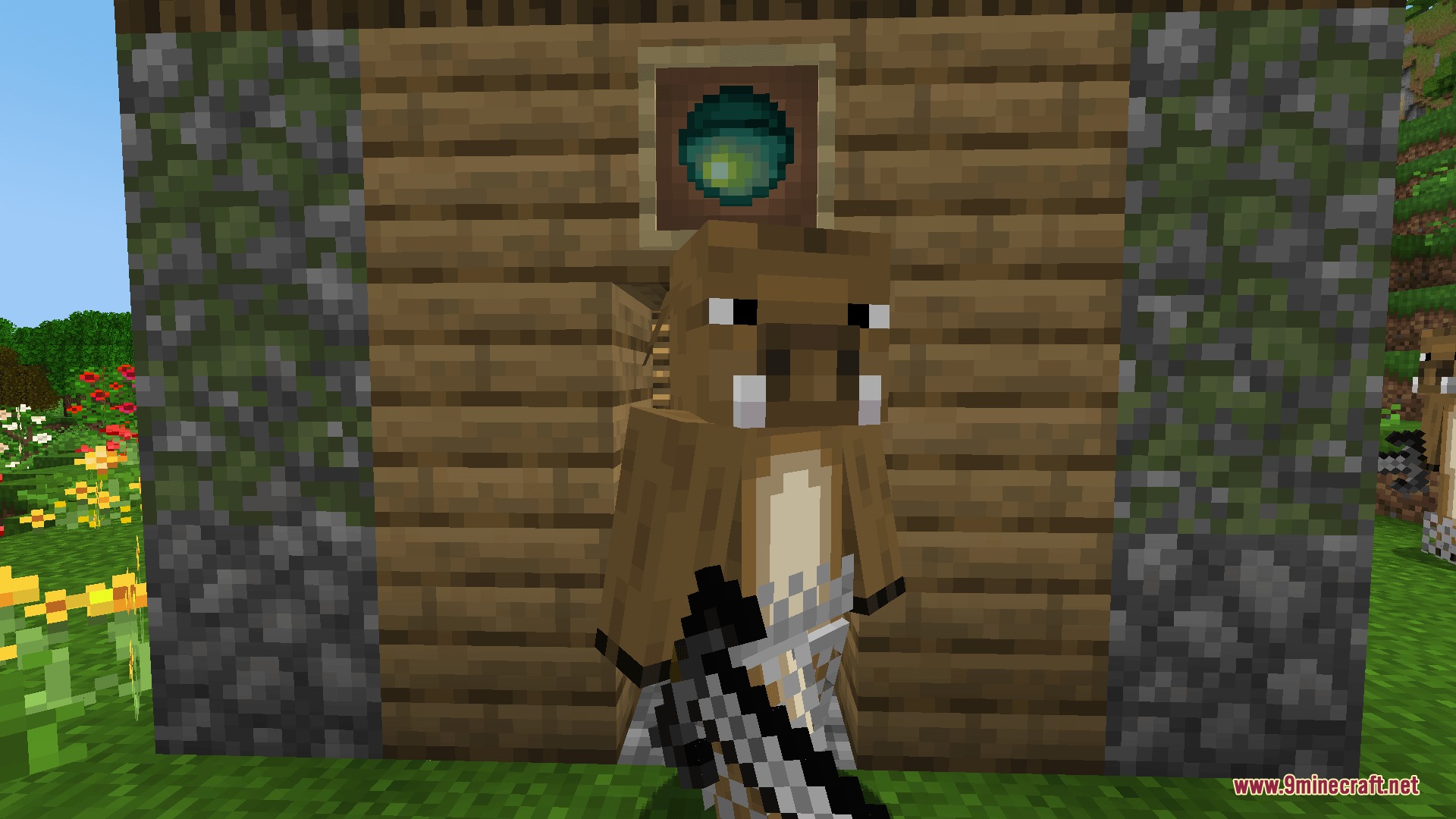 Oddities and Ends Mod Screenshot 3 A player wearing a Boarlin skin holds a heavy sword near a wooden wall