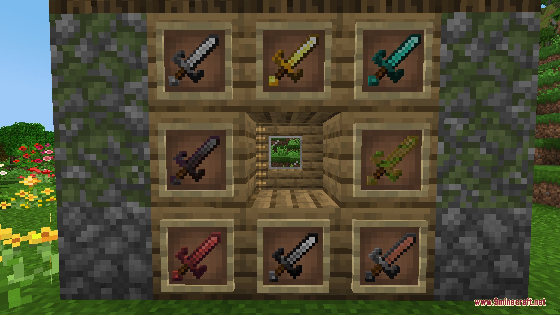 Oddities and Ends Mod Screenshot 5 Various two handed swords displayed in item frames on a wooden wall