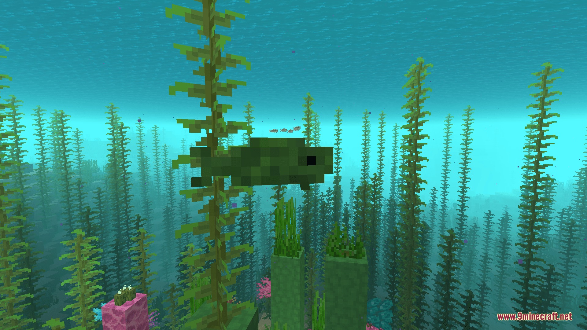 Oddities and Ends Mod Screenshot 6 A green Algobo fish swimming through a dense underwater kelp forest