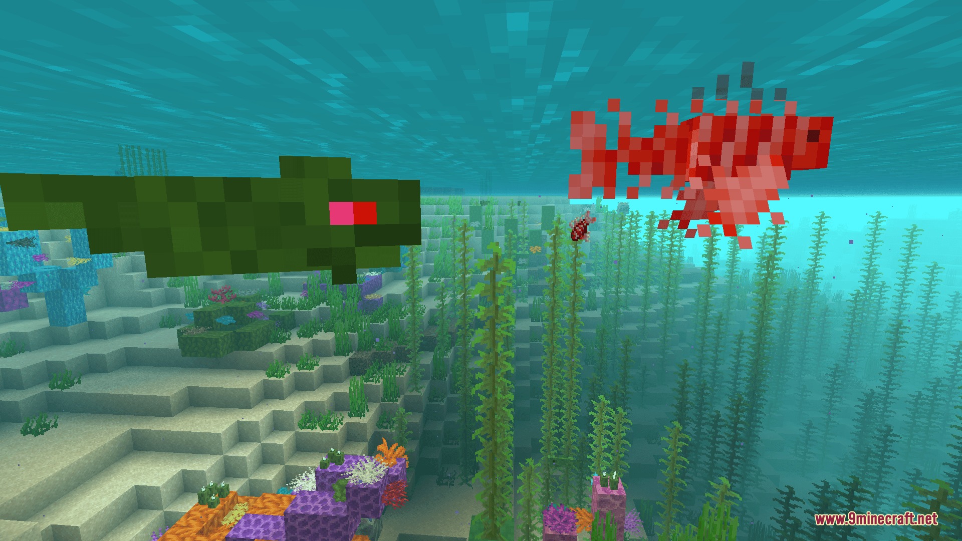 Oddities and Ends Mod Screenshot 8 Custom mobs swim through a vibrant coral reef filled with superkelp plants