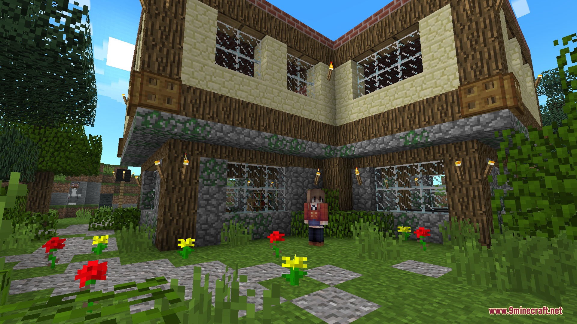 A player character stands outside a house with classic programmer art textures