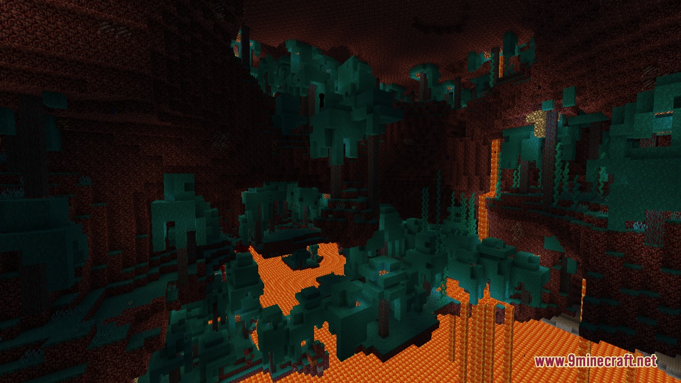 Teal warped trees grow near lava pools in a dark nether biome