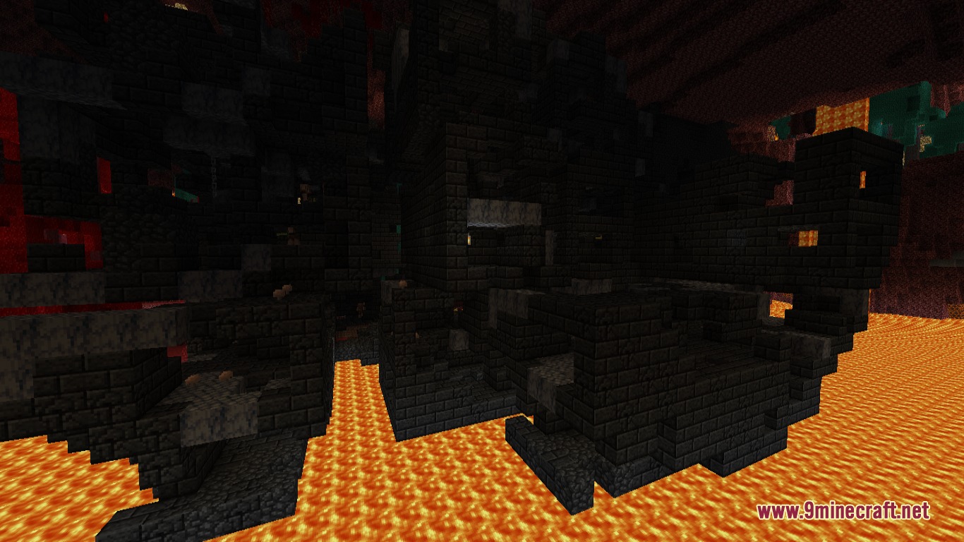 A dark bastion remnant structure built with blackstone bricks over a lava ocean