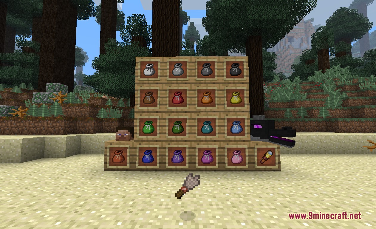 Various colored bags and an Ender Dragon head displayed in item frames