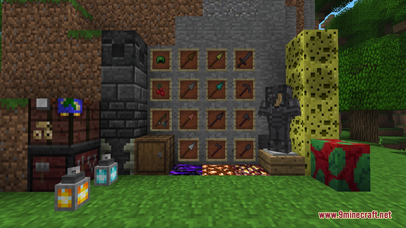 Various items and blocks displayed using Old Colors Programmer Art Resource Pack