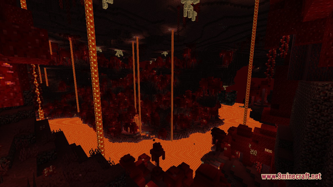 A wide view of the Nether biome with classic red textures