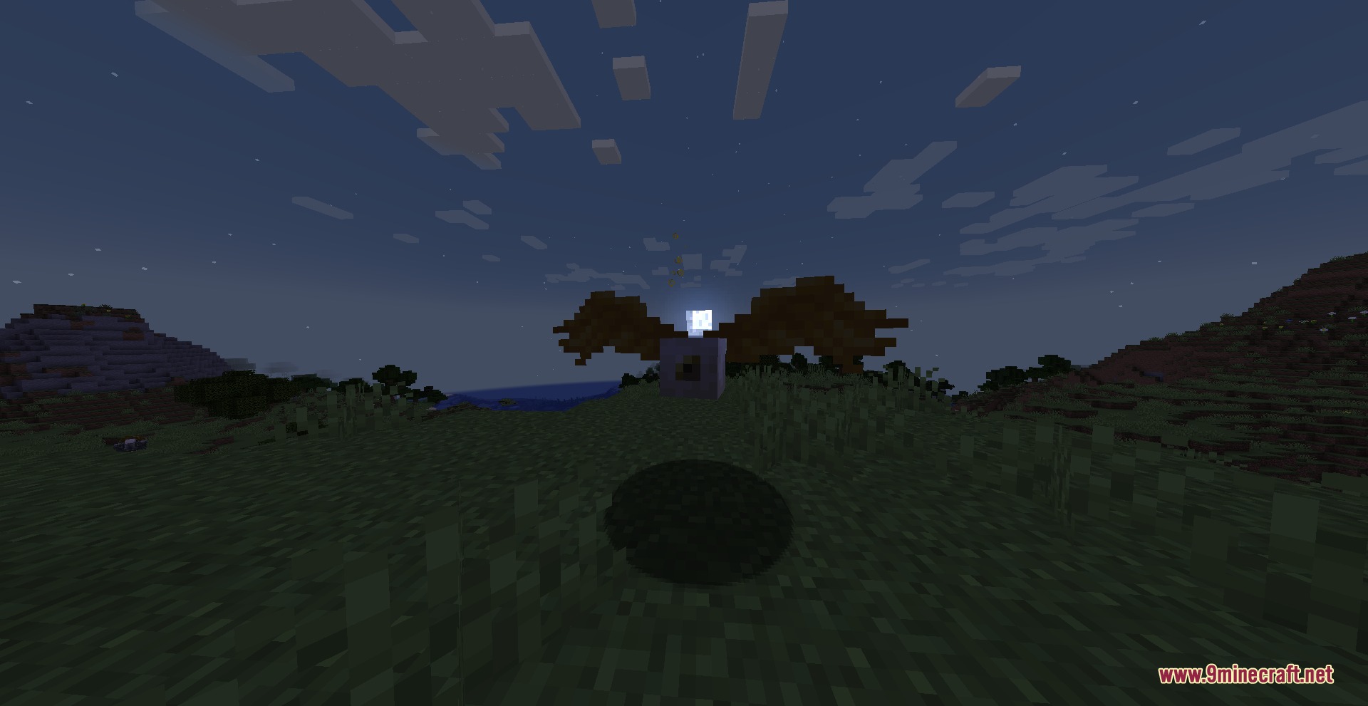 Ophanim Omen Mod Screenshot 1 Biblically accurate angel with wings floats over a hill at night