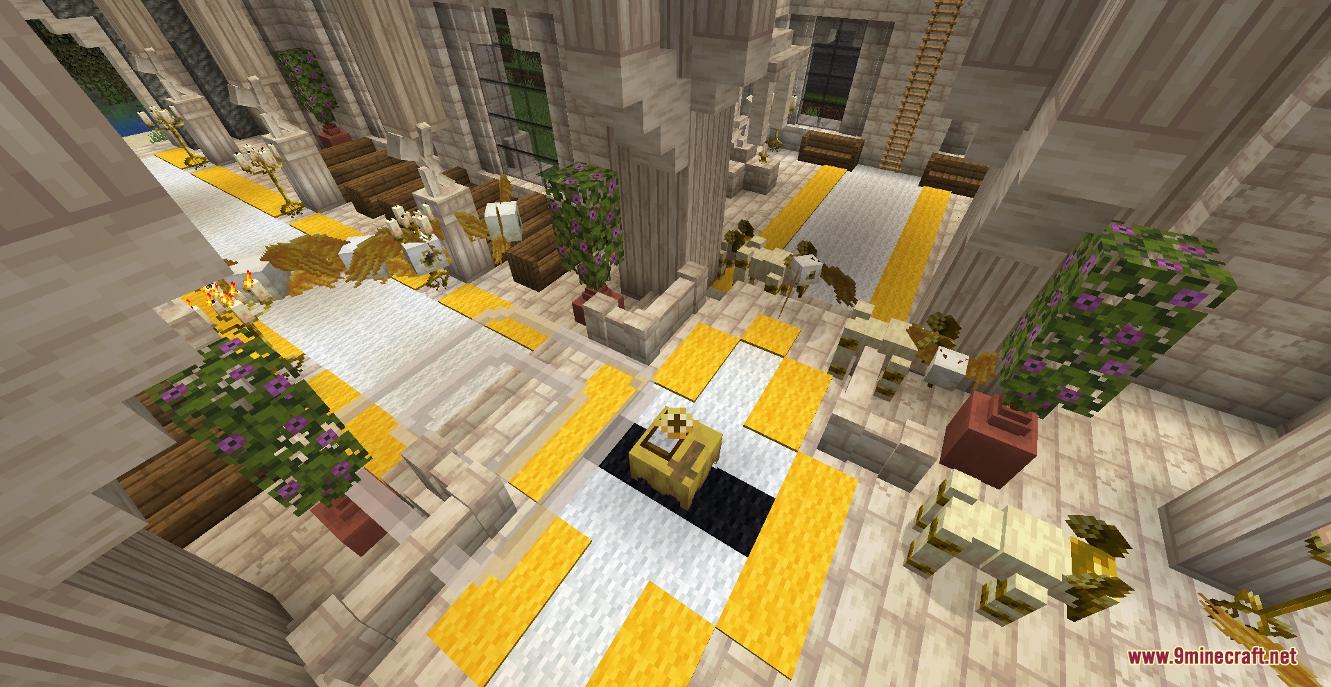 Ophanim Omen Mod Screenshot 4 Interior of a grand church featuring sacred blocks and angel mobs