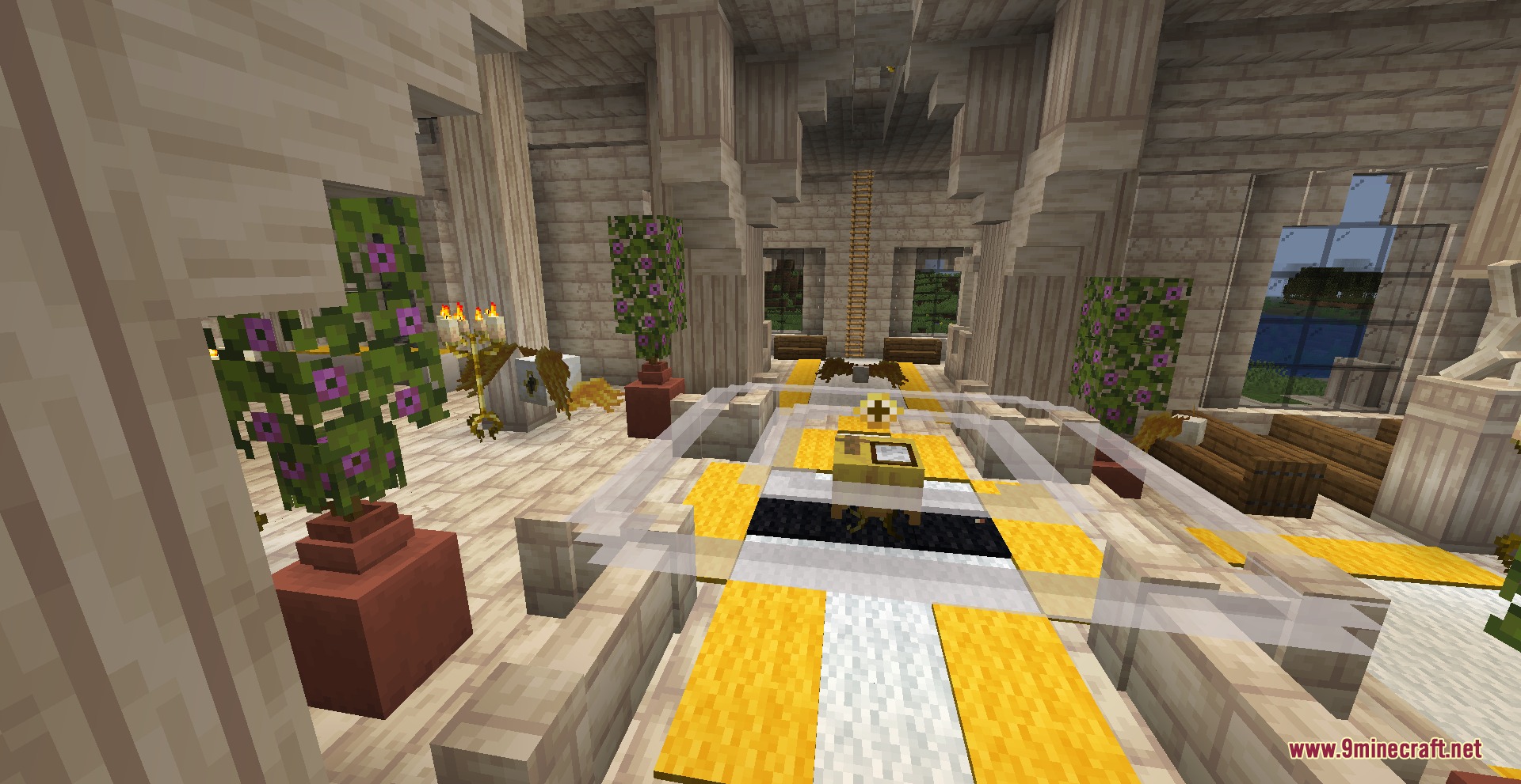 Ophanim Omen Mod Screenshot 5 Grand church interior with white stone pillars and yellow carpet patterns