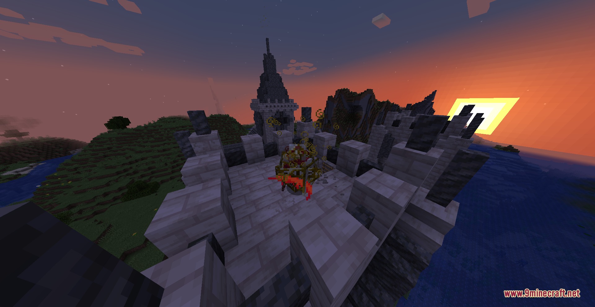 Ophanim Omen Mod Screenshot 7 Sacred angel mob floats on a stone fortress during a colorful sunset