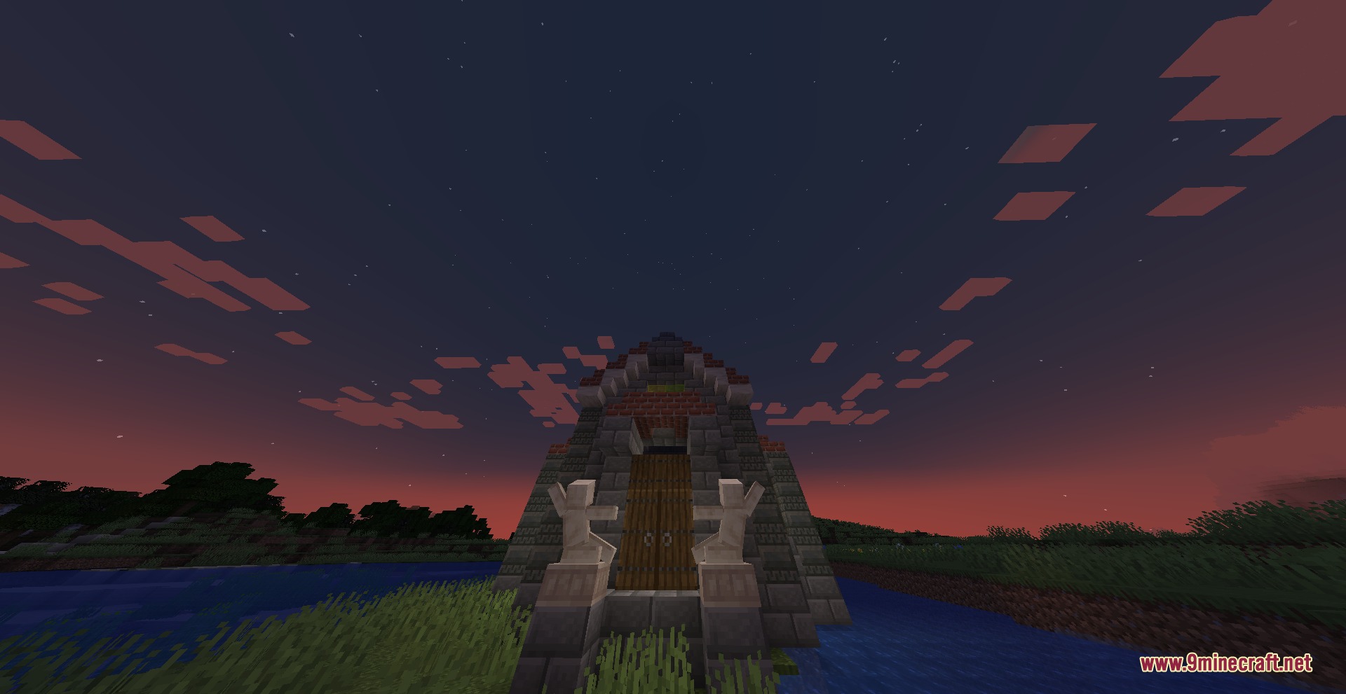 Ophanim Omen Mod Screenshot 8 Small stone chapel with statues stands near water under a twilight sky