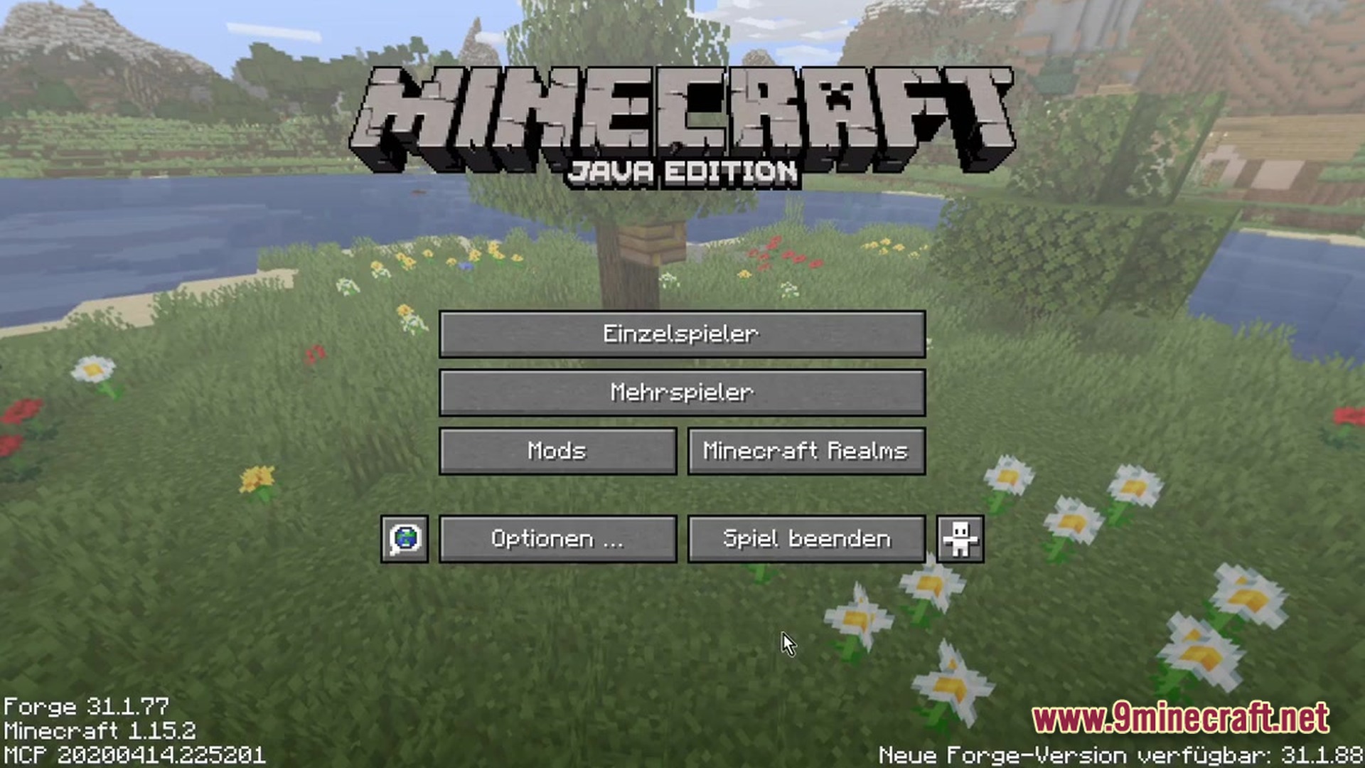 Opti Fine For Fabric Modpack Screenshot 1 The Minecraft Java Edition main menu in German featuring a flowery field and a beehive