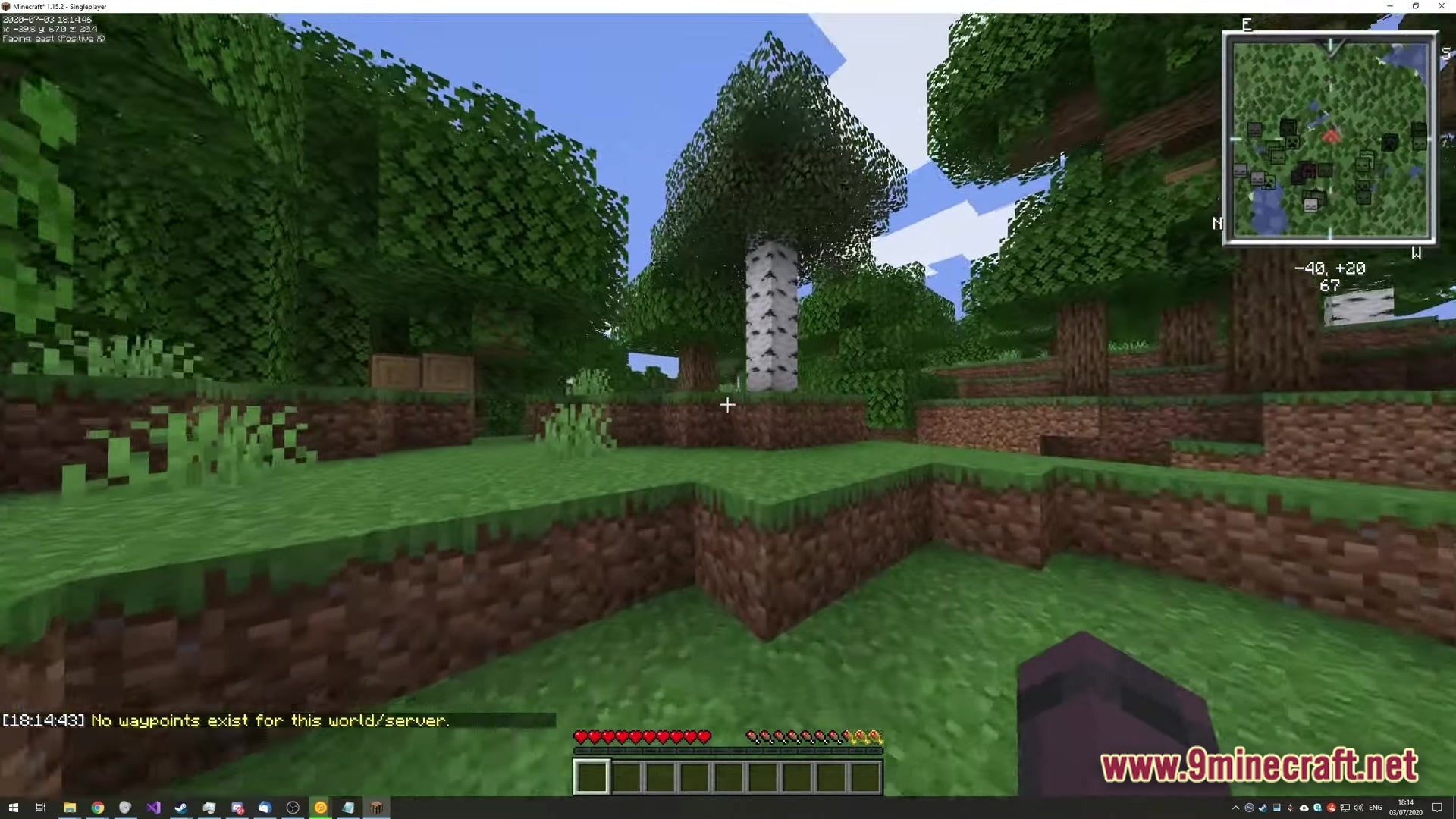 Opti Fine For Fabric Modpack Screenshot 4 A first-person view of a forest biome featuring a minimap and custom user interface elements