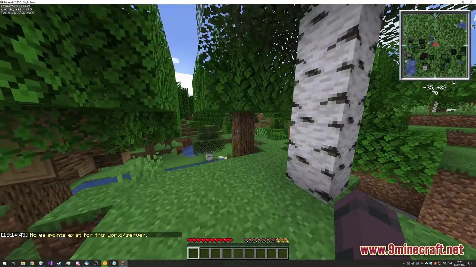 Opti Fine For Fabric Modpack Screenshot 5 A first-person view of a forest biome featuring oak and birch trees with a minimap HUD