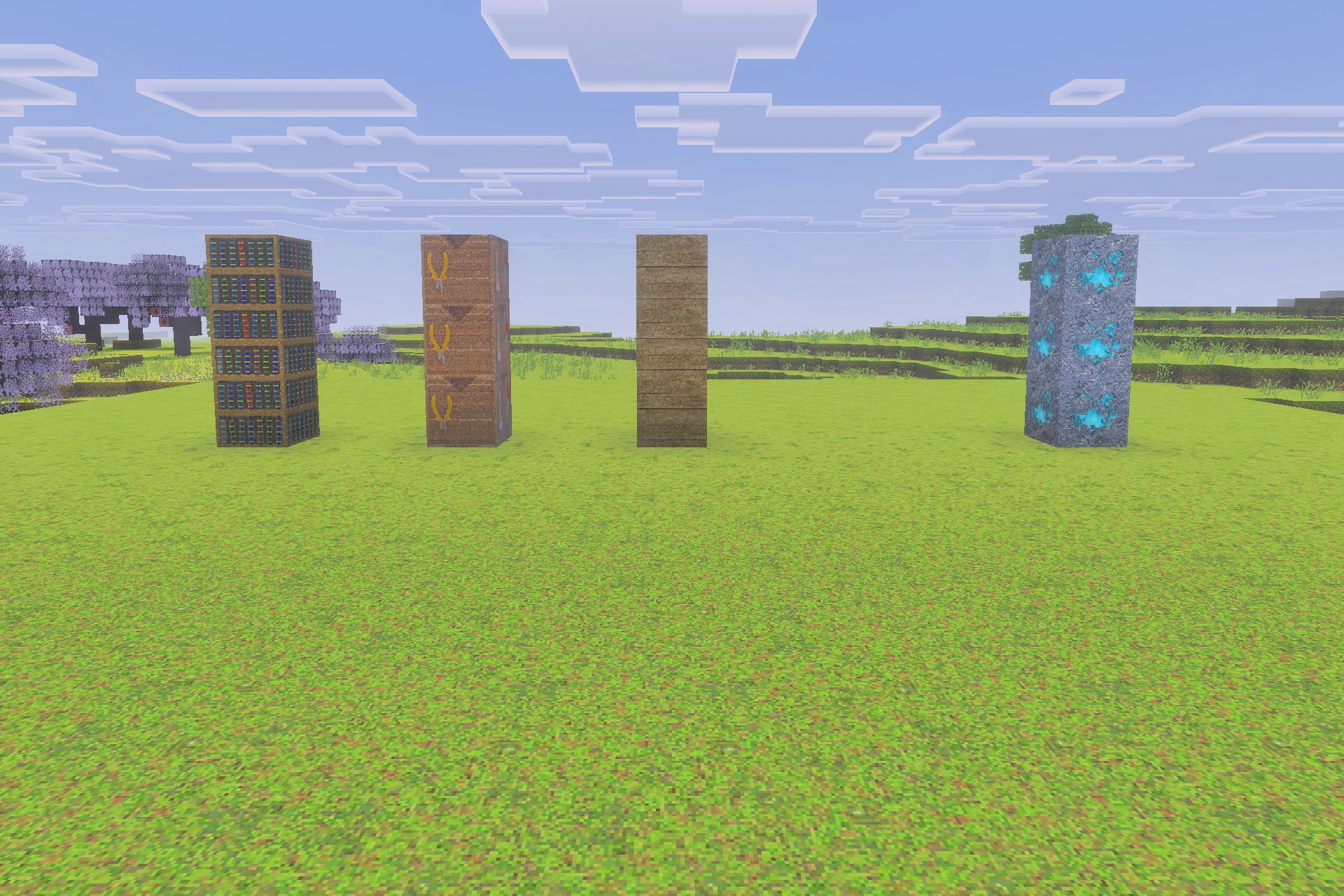Showcase of realistic PBR block textures including bookshelves and glowing diamond ore