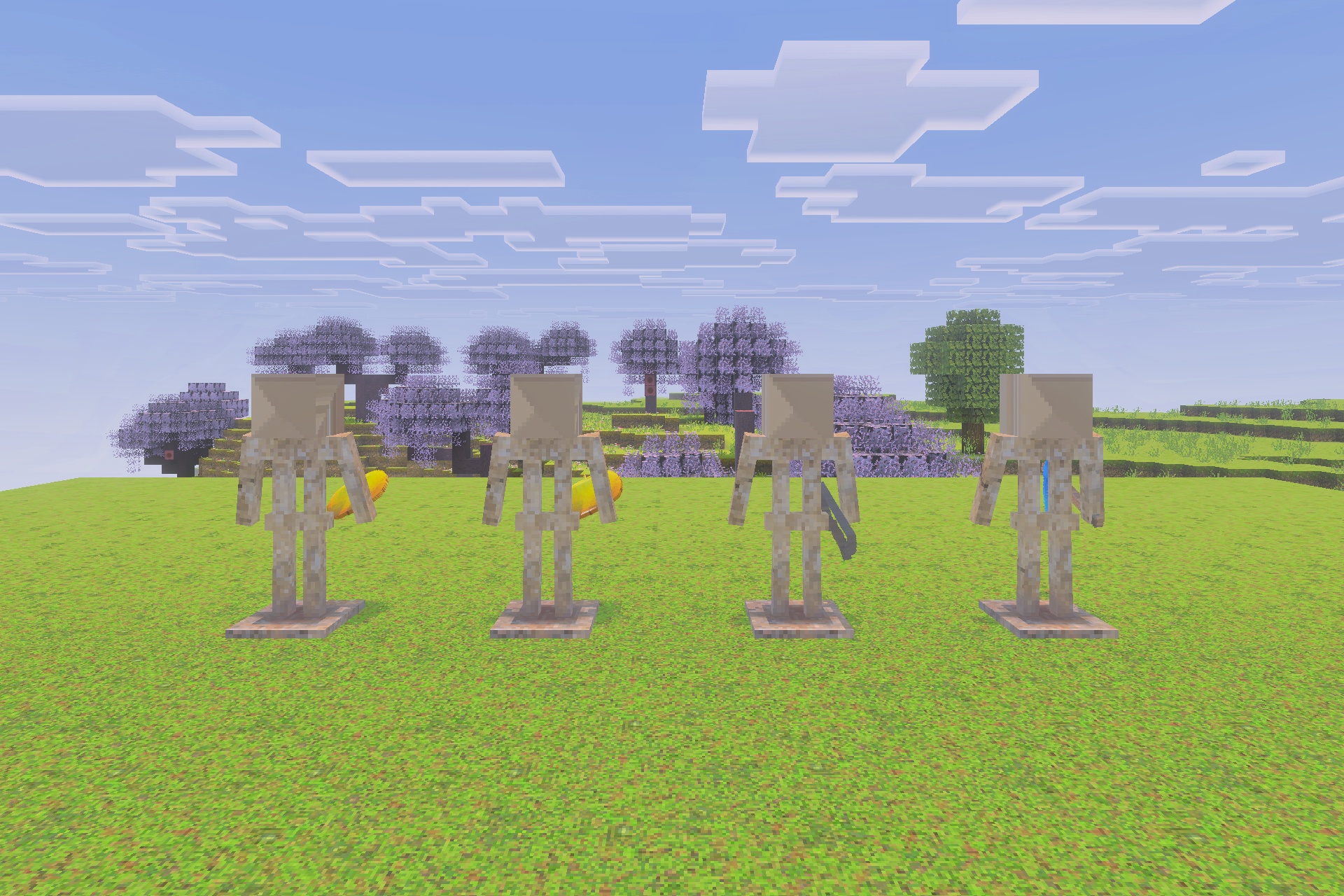 Four armor stands wearing iron armor and holding items near cherry trees
