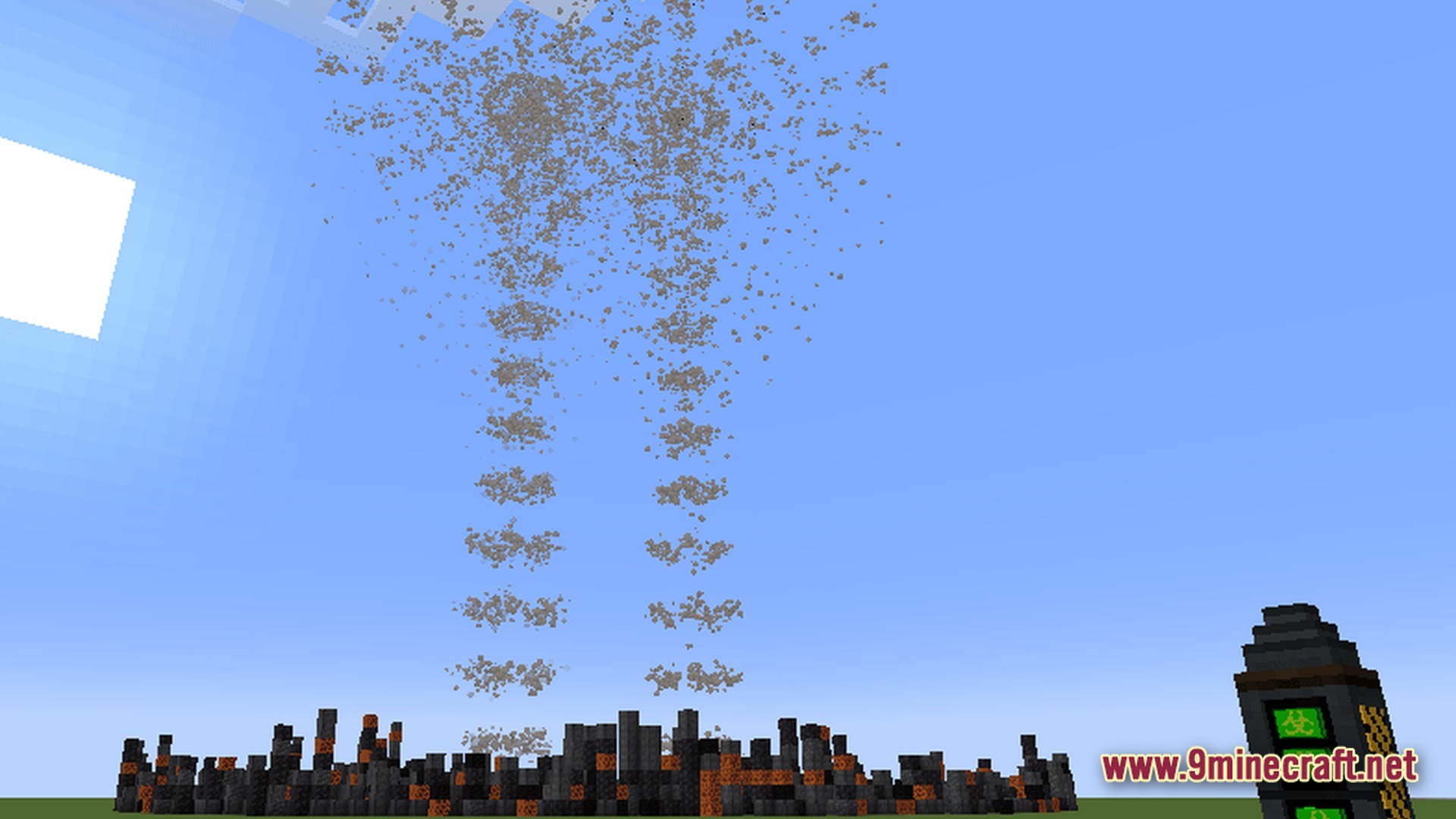 Orbital Fallout Alpha Modpack Screenshot 1 A large plume of smoke and debris rises from a scorched, blocky crater under a clear sky