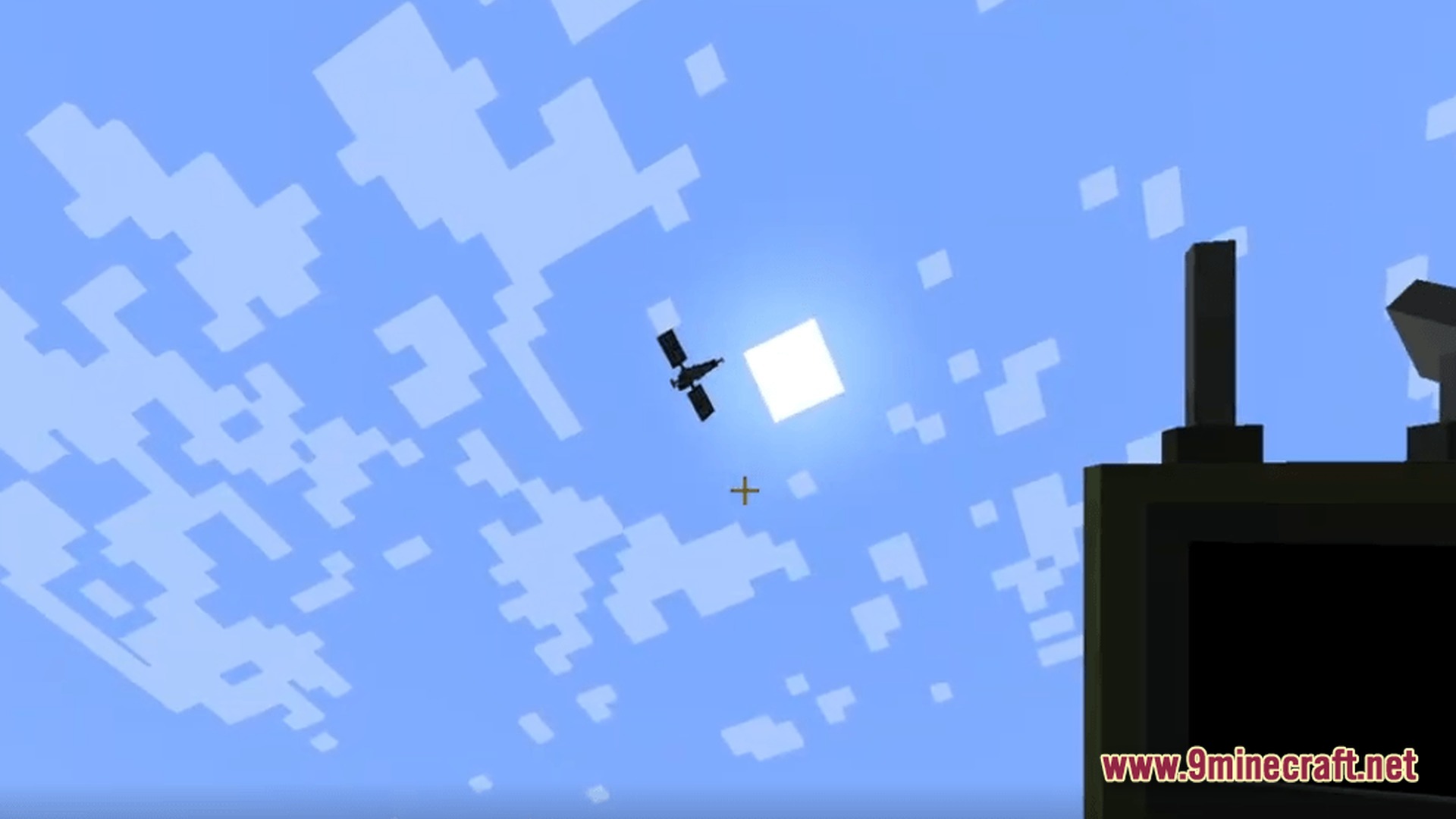 Orbital Fallout Alpha Modpack Screenshot 3 A satellite orbits in the blue sky near the sun above a blocky communication terminal