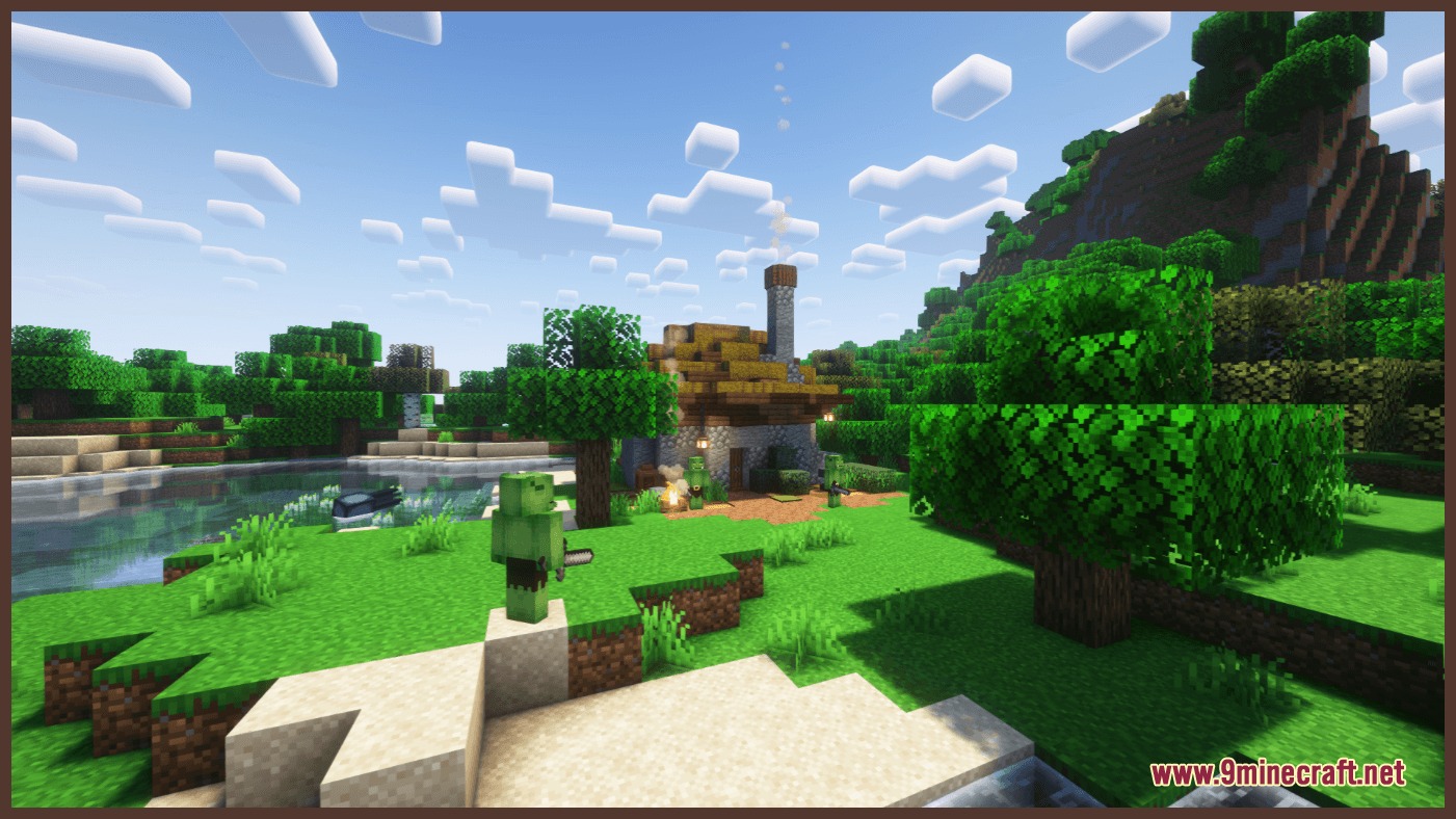 Orc Hut Mod Screenshot 1 Green orcs standing outside a small stone hut in a forest biome