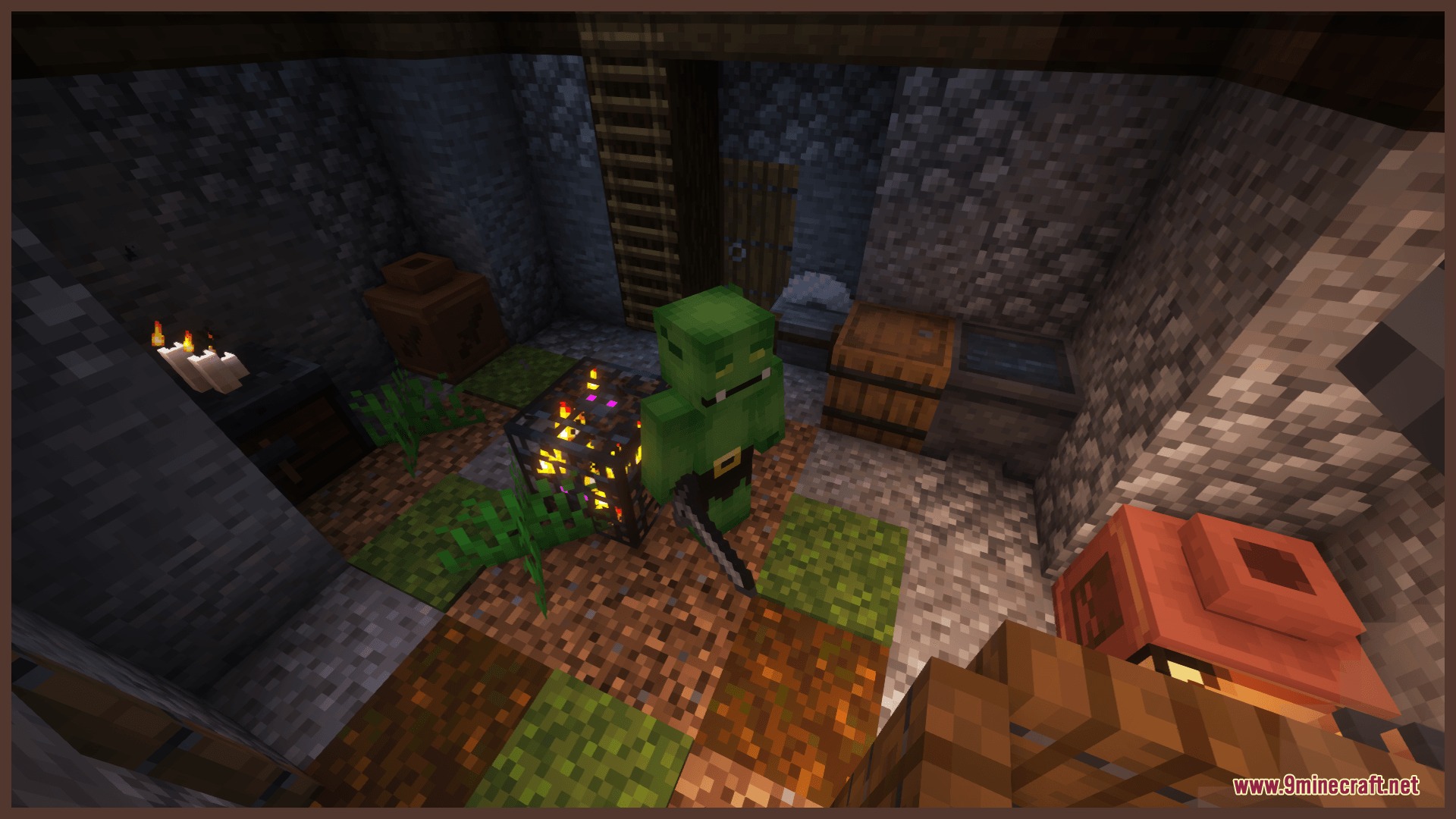 Orc Hut Mod Screenshot 2 A green orc mob standing near a monster spawner inside the hut