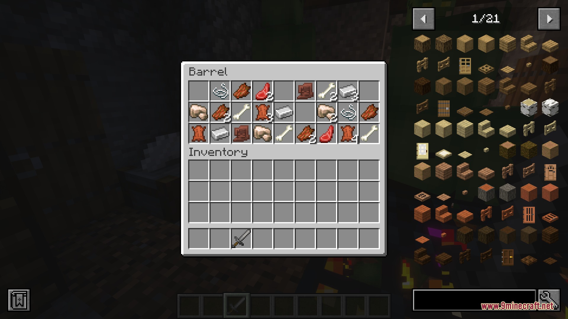 Orc Hut Mod Screenshot 4 A barrel inventory filled with various loot items like meat and leather
