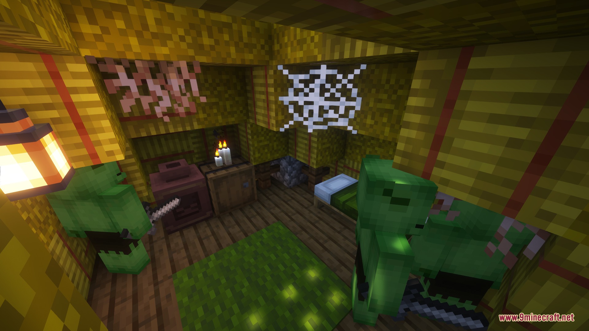 Orc Hut Mod Screenshot 5 Green orcs holding stone swords inside a wooden hut with a bed