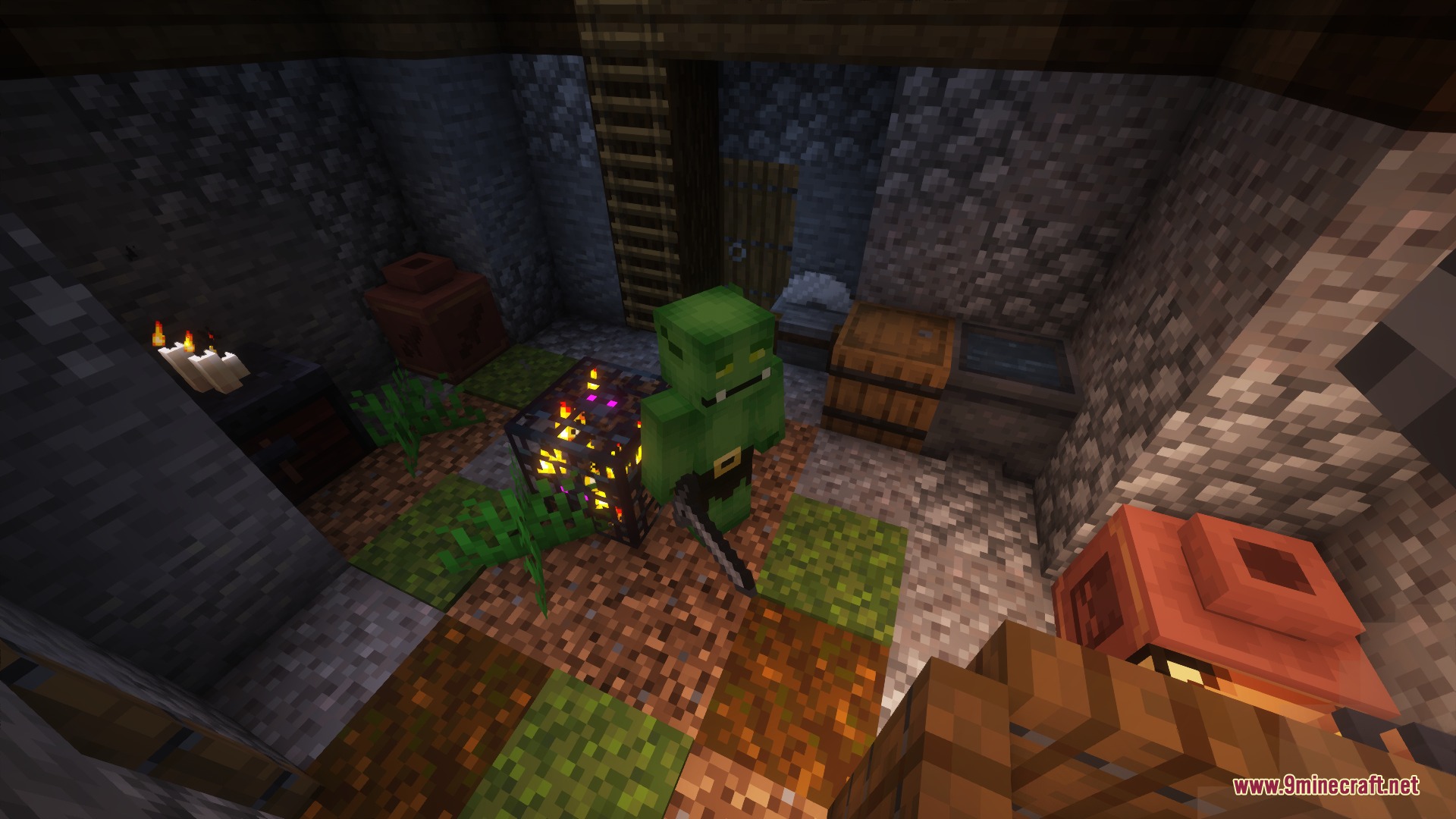 Orc Hut Mod Screenshot 6 A green orc standing next to a monster spawner inside a stone structure
