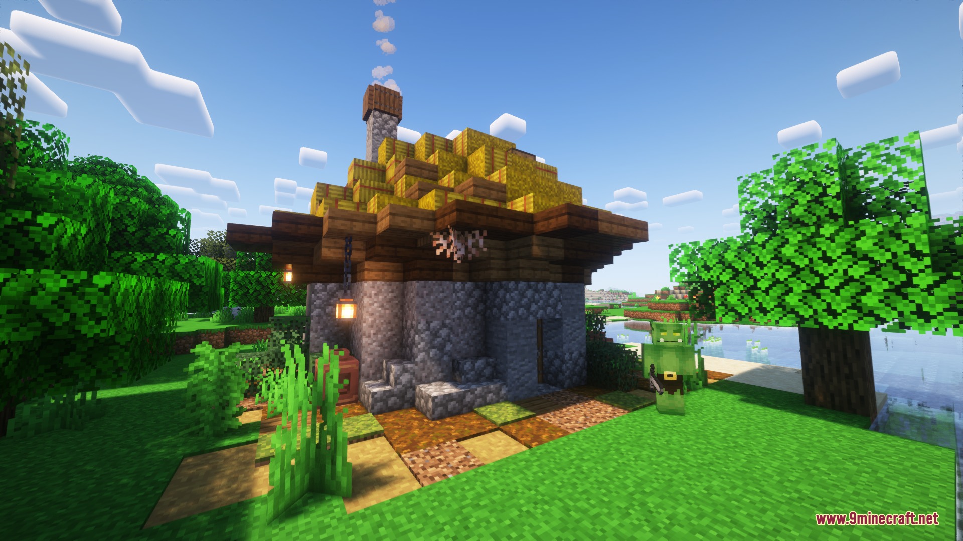 Orc Hut Mod Screenshot 7 A stone hut with a hay roof and a green orc standing outside