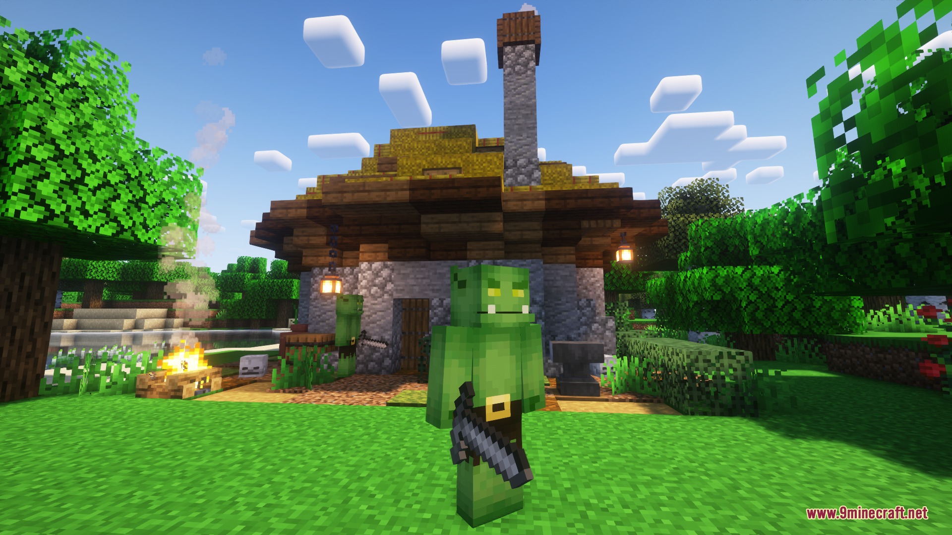 Orc Hut Mod Screenshot 8 A green orc holding a stone sword in front of a stone hut