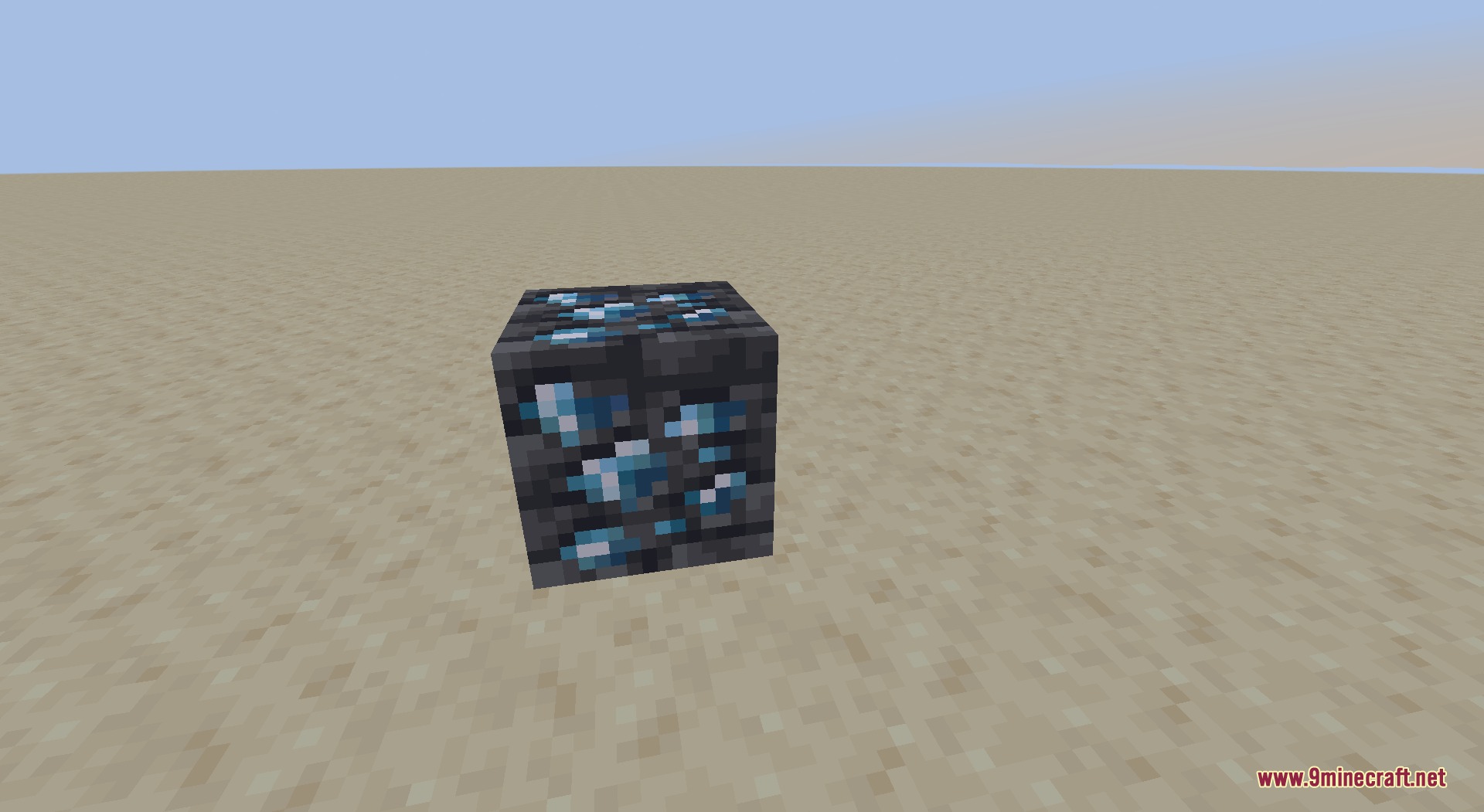 Ore Genesis Mod Screenshot 3 A deepslate diamond ore block sitting on sand in a desert world