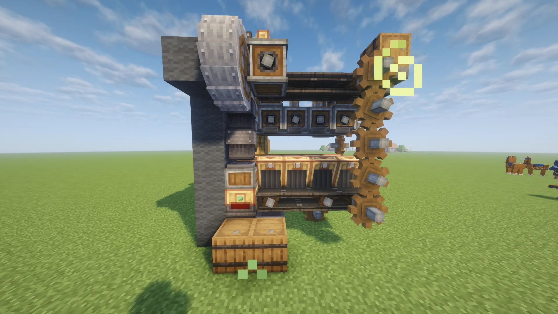 Side view of a complex ore processor featuring rotating gears and wooden barrels