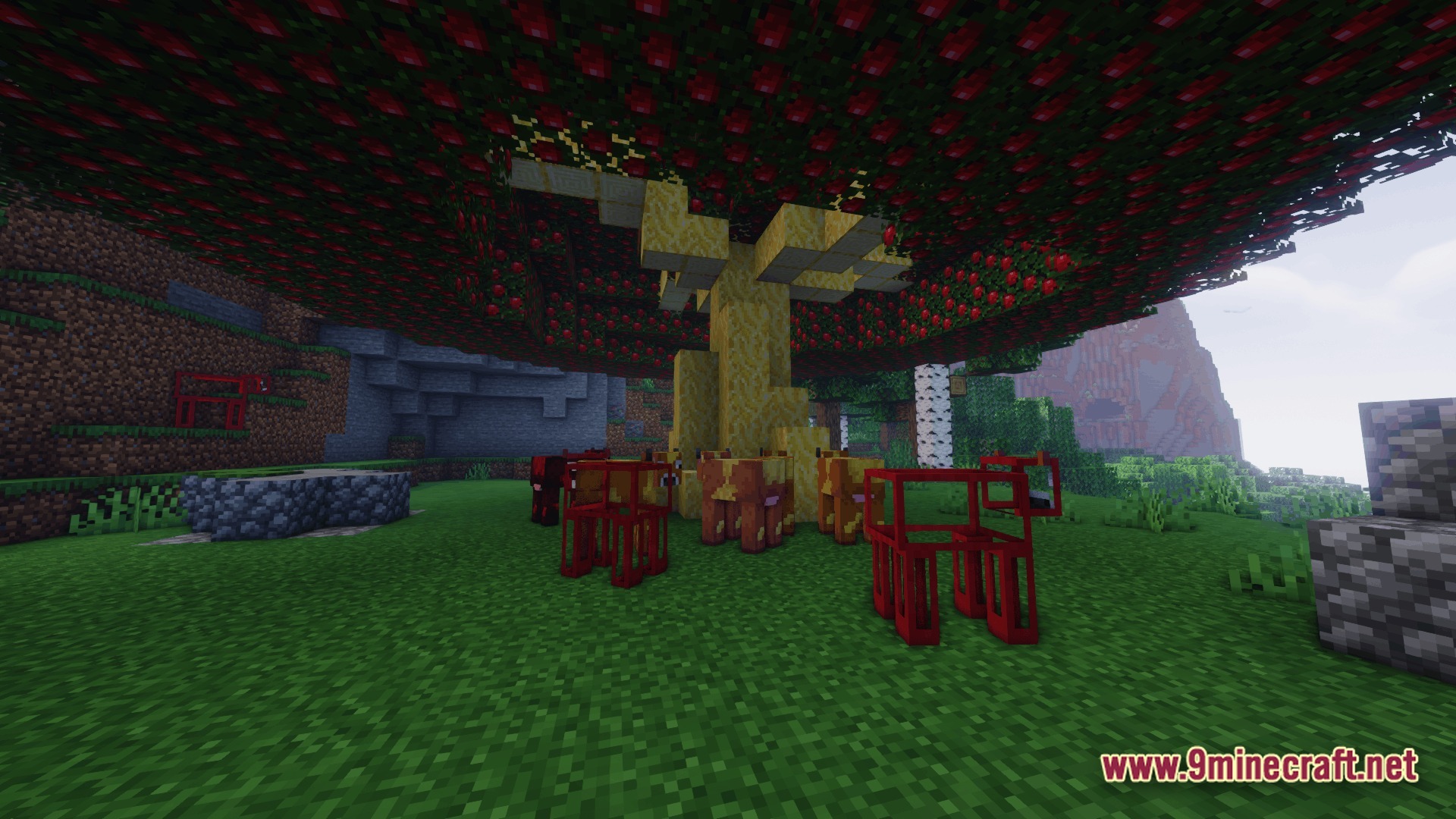 Ore Spawn Adventuree Modpack Screenshot 10 Red and orange cows gather beneath a large apple tree with a golden trunk and branches
